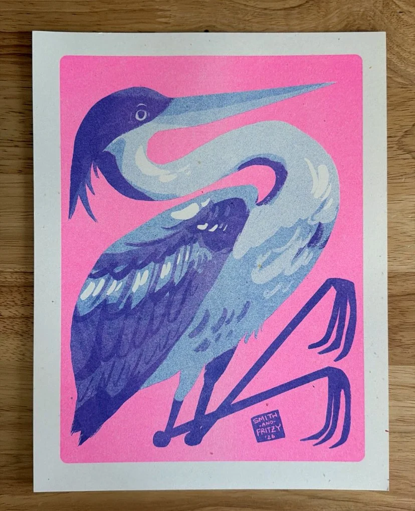 Heron Risograph Art Print Limited Edition 8.5x11
