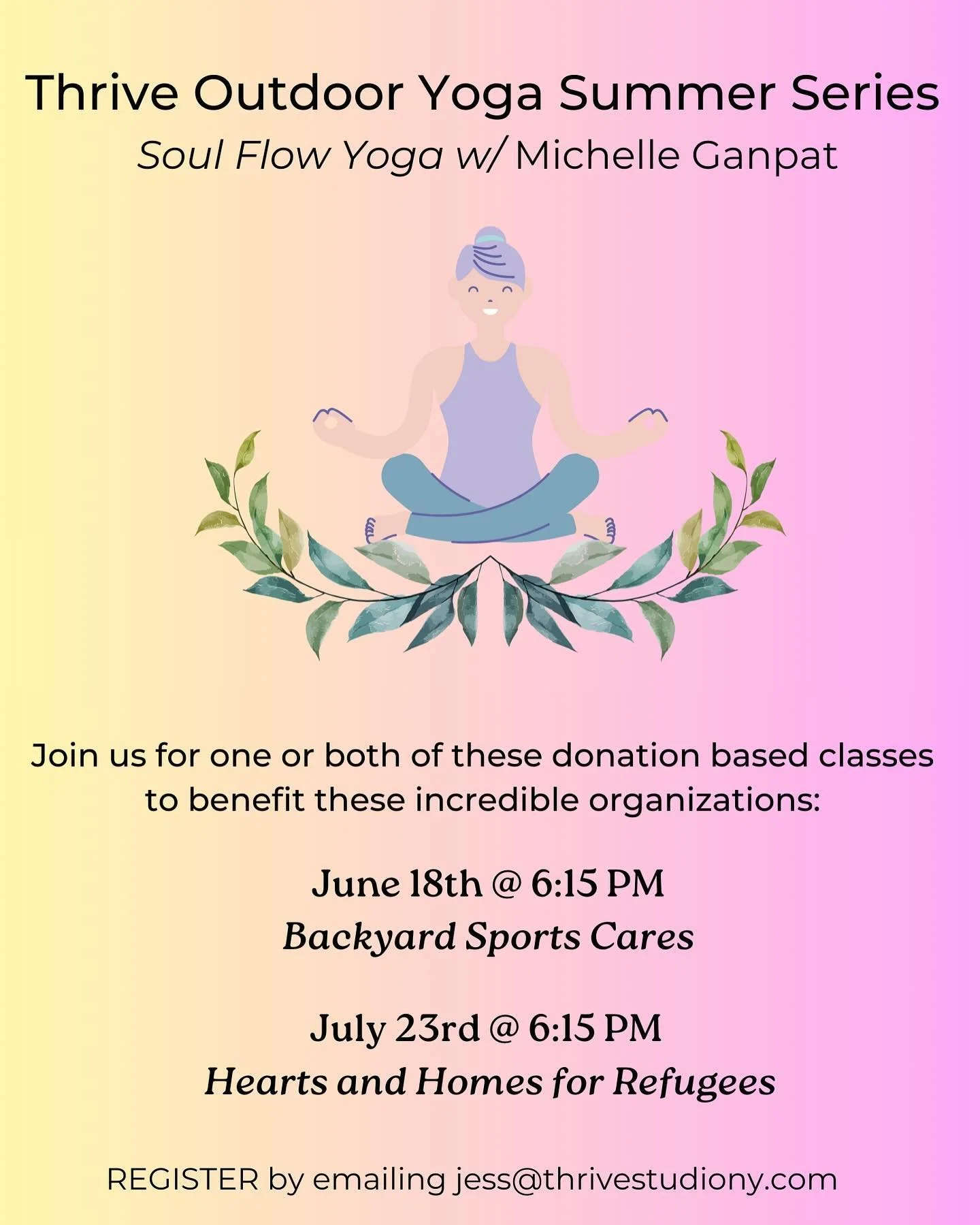 Our outdoor yoga summer series is back!  Email jess@thrivestudiony.com to reserve your spot today!  These community donation based classes will benefit two amazing causes @backyardsportscares @hhrefugees !  Bring a mat, water and 💵 for your donation
