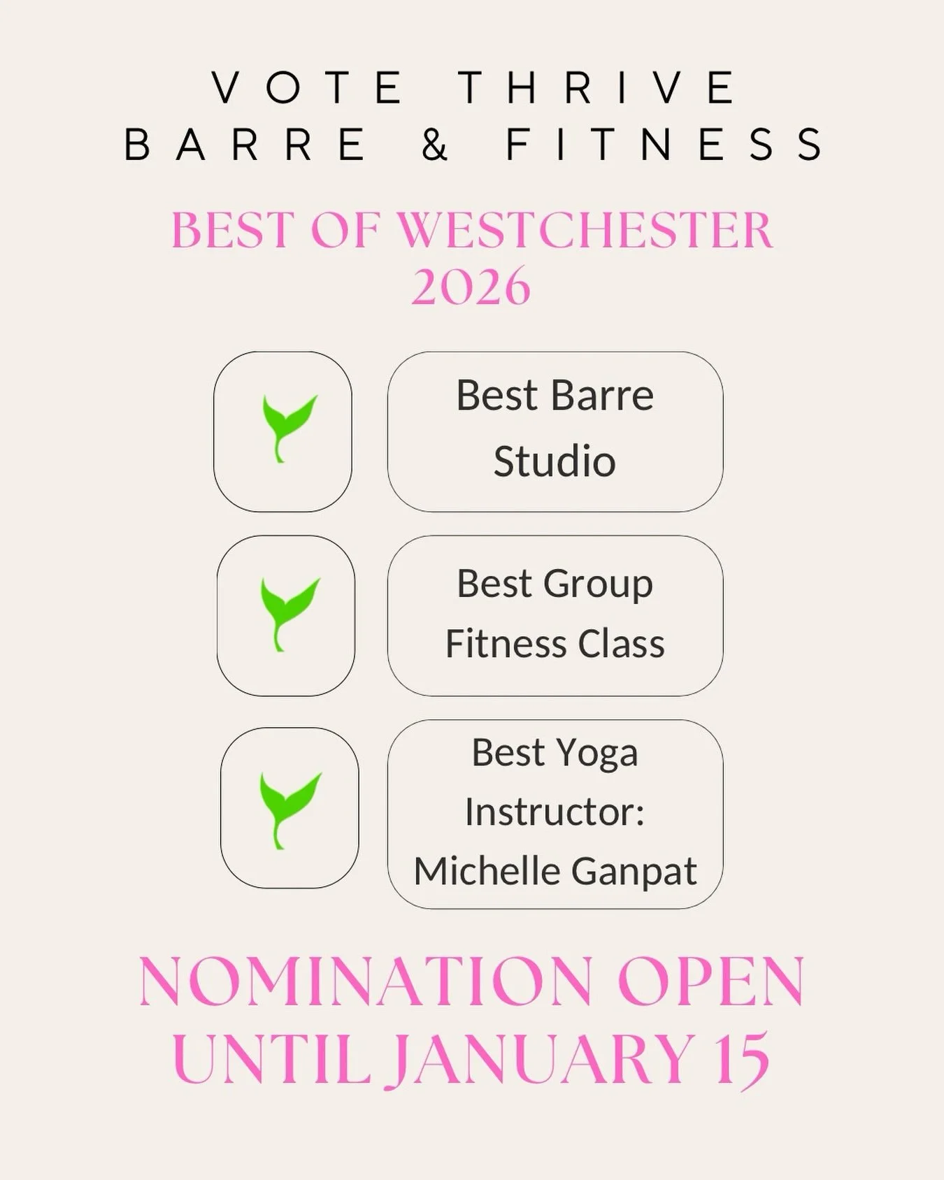Our community means everything to us 🤍
If Thrive has supported or inspired your movement, we&rsquo;d be honored to receive your nomination in the Health &amp; Beauty category in Best of Westchester 2026! 

You can nominate Thrive for Best Barre Stud