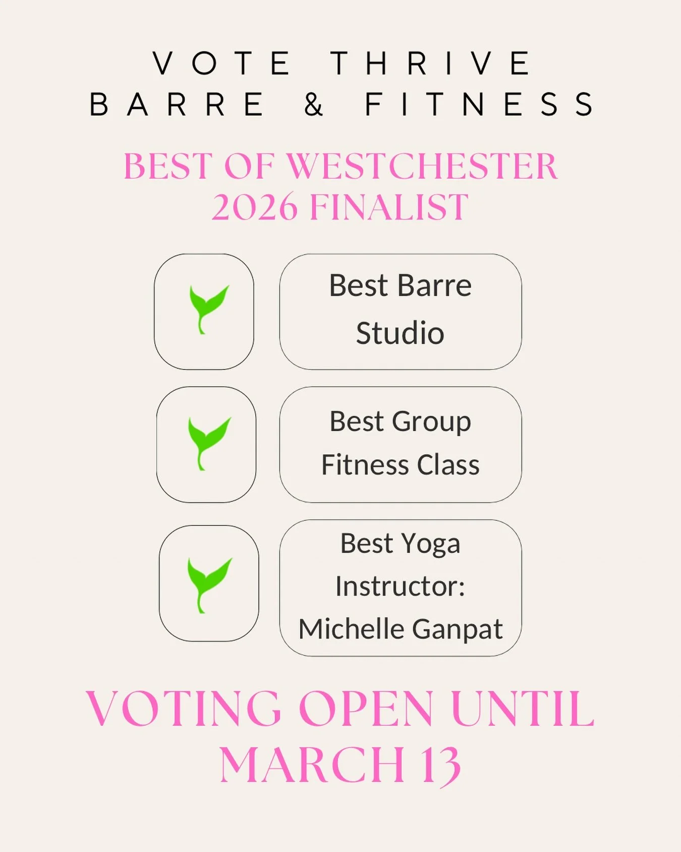 It's that time again! We're SO excited to share Thrive is a finalist in Best of Westchester 2026 in THREE categories under Health &amp; Beauty: 
🌱Best Barre Studio 
🌱Best Group Fitness Class 
🌱Best Yoga Instructor - Michelle Ganpat

We so apprecia