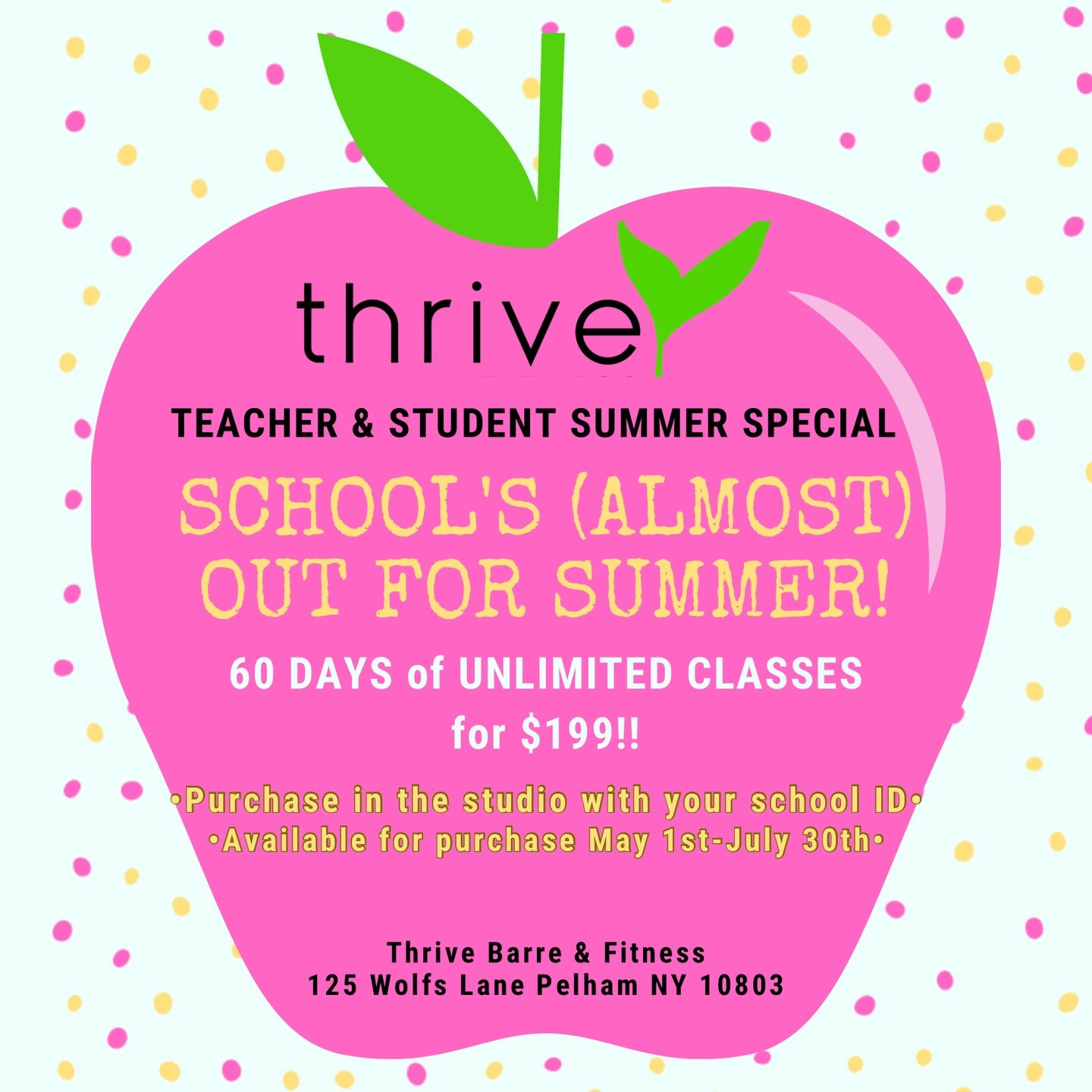 Summer, but make it Thrive 🌱
Teachers + students, this one's for you! Enjoy 60 days of unlimited classes for $199 to move, sweat and feel your best all summer long ✨ 

Available in-studio starting May 1st through July 30th with your school ID 

#thr
