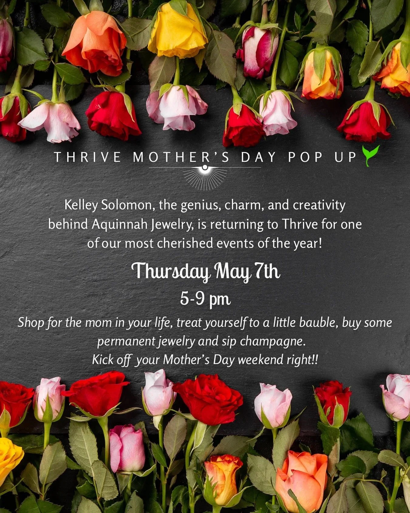 The perfect way to kick off Mother's Day weekend! 

Join us Thursday, May 7th from 5-9pm for our Mother's Day Pop-Up with @kelleysolomon of @aquinnahjewelry ✨

Shop something special for Mom or yourself 💕