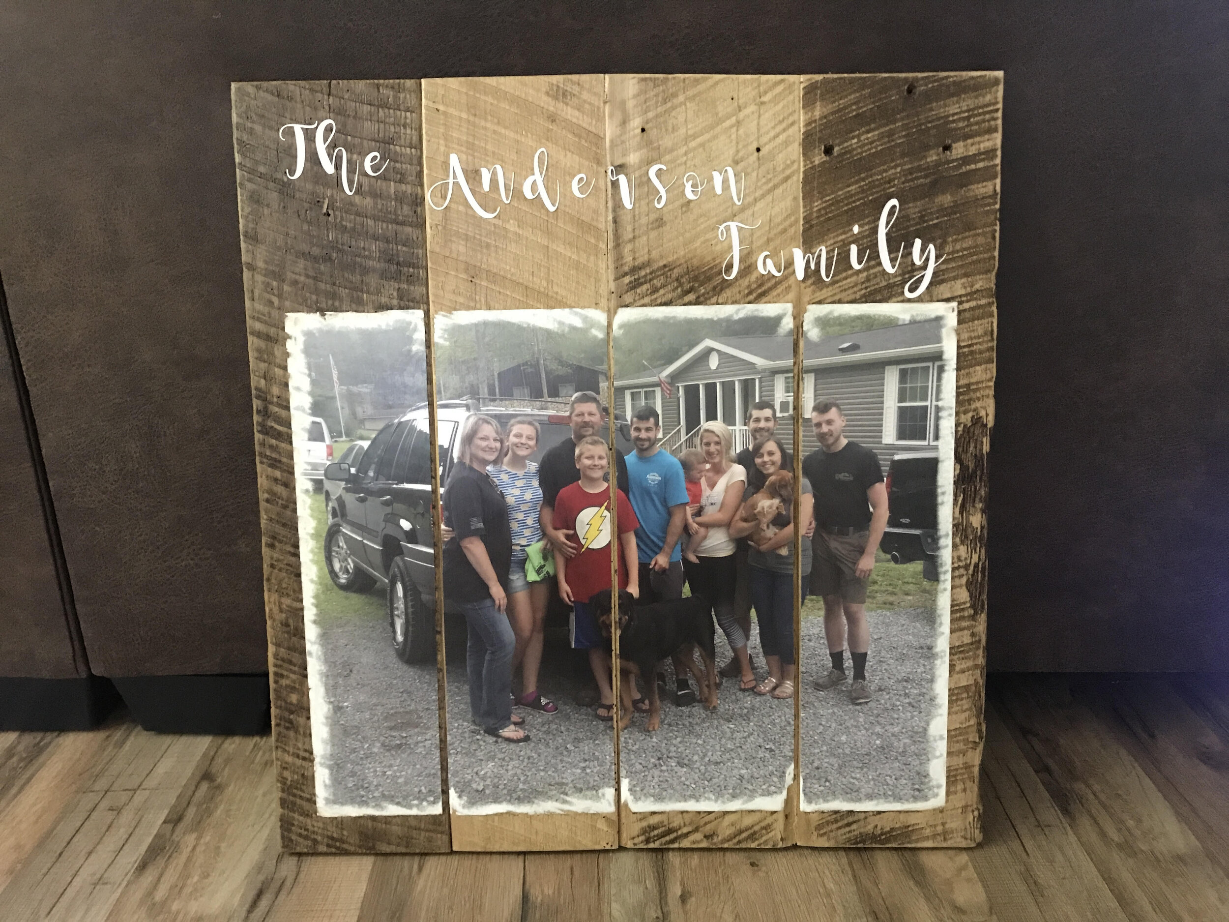  Nearly 100 Year Old Horse Stable wood repurposed into family picture with vinyl lettering 