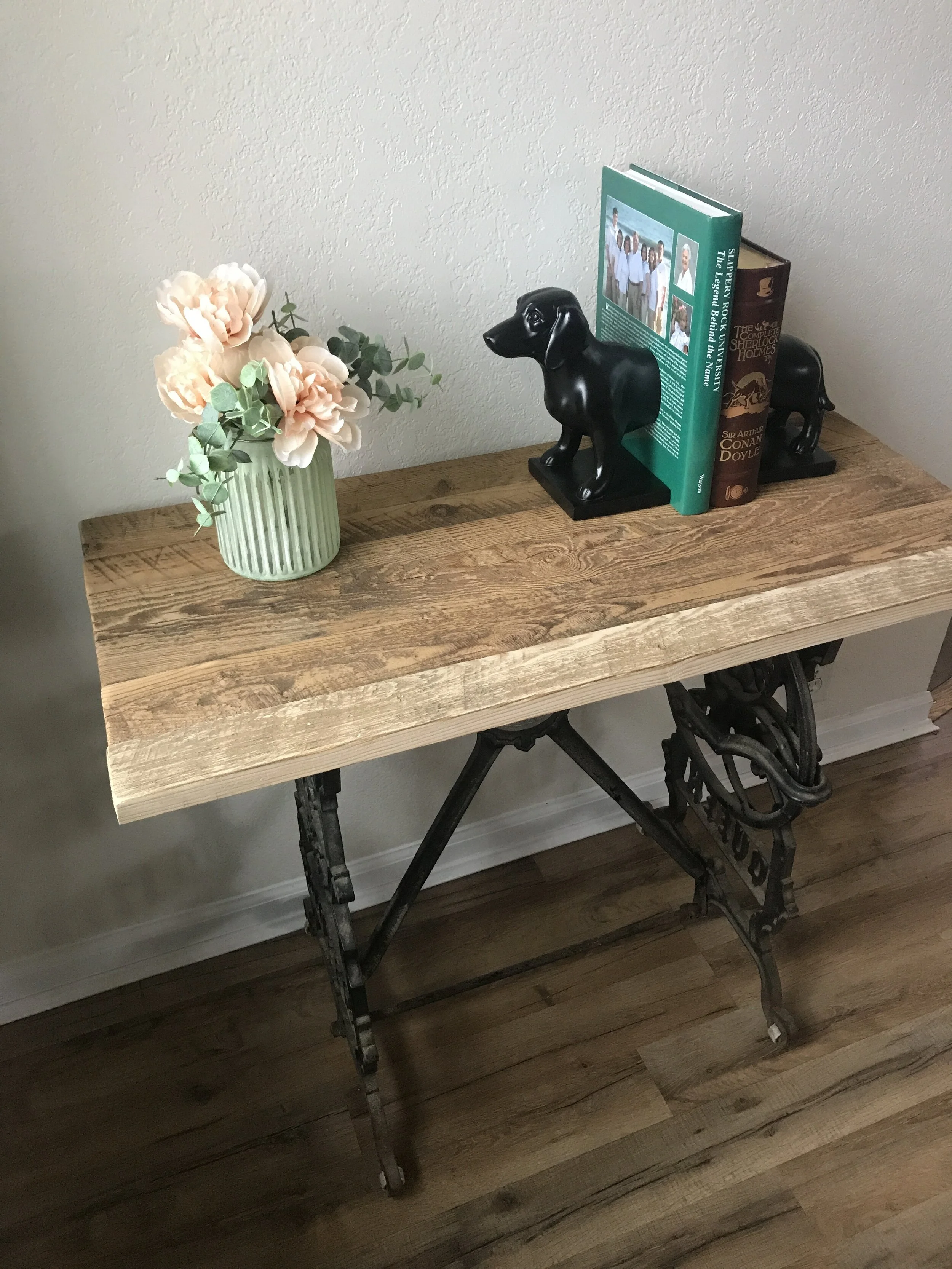  Barnwood table top on singer sewing machine stand 
