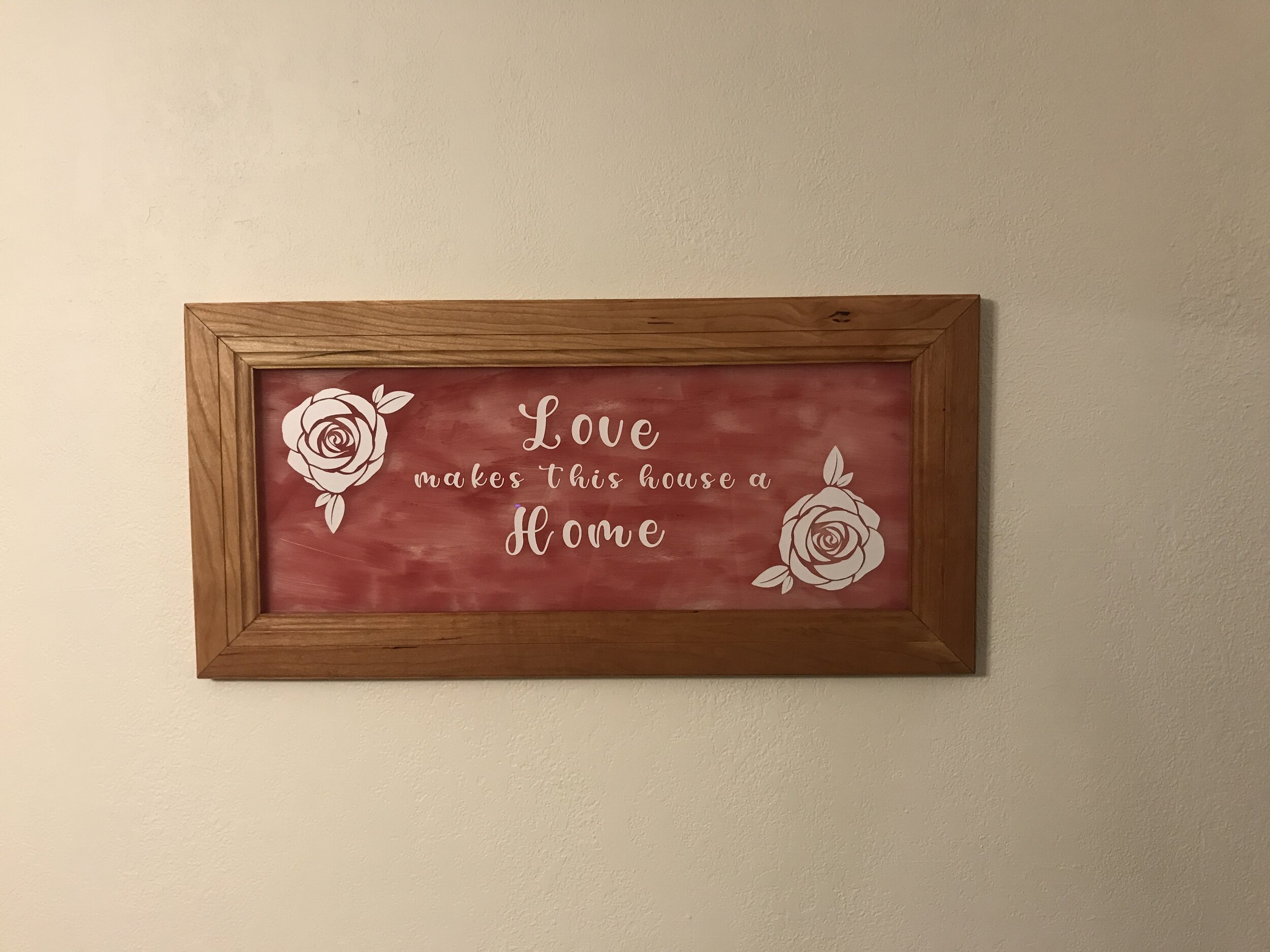  Custom cherry frame with painted glass and vinyl lettering 