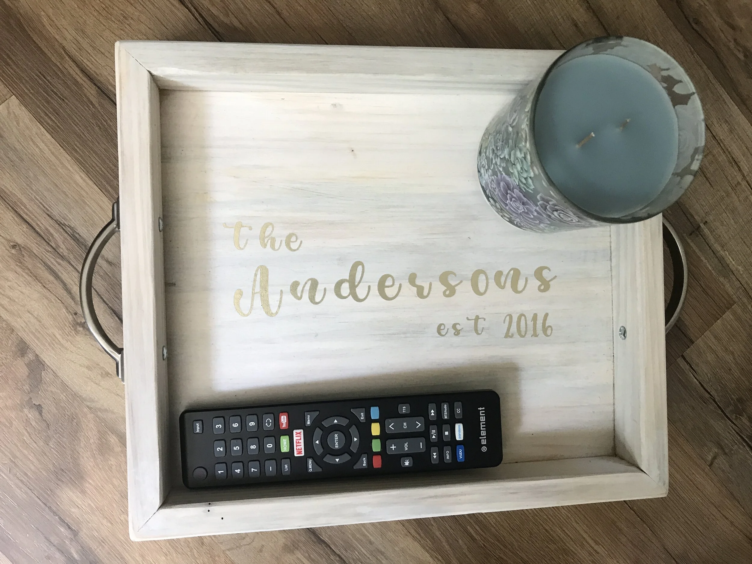  White washed custom coffee table tray with vinyl lettering 