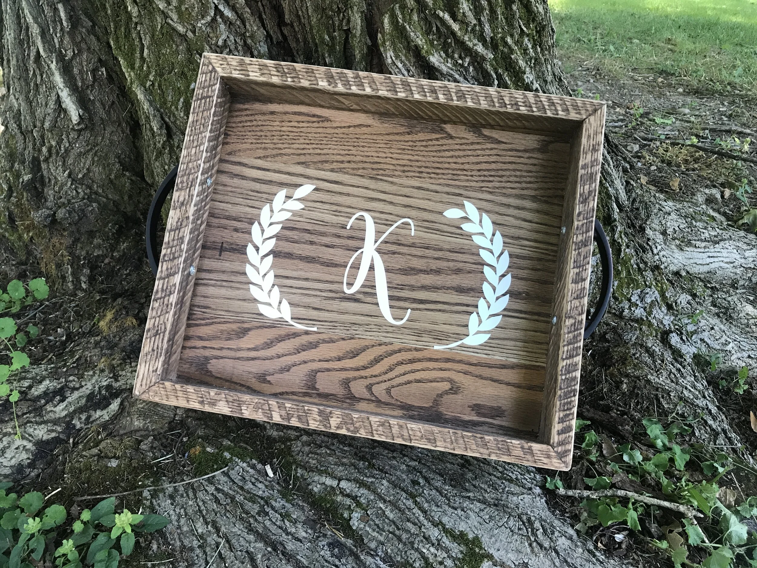  Sawmill style custom coffee table tray with vinyl monogram lettering 