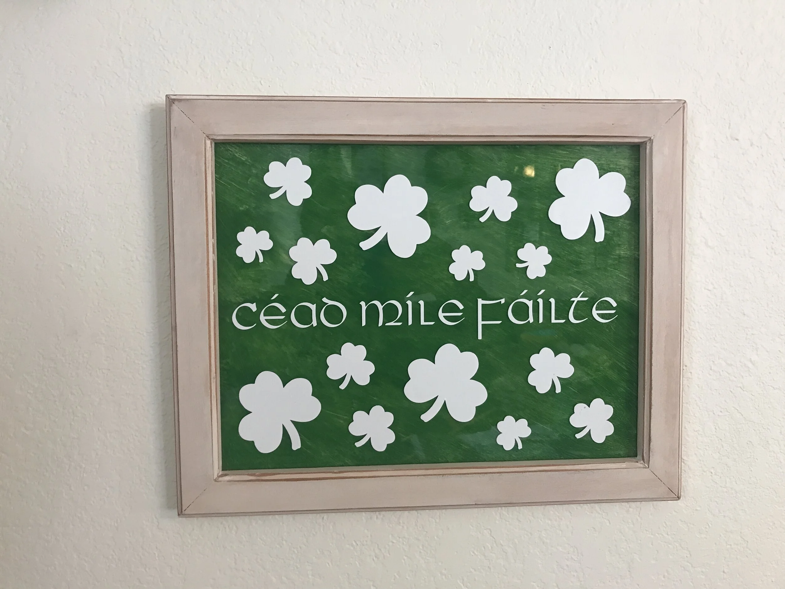  Painted glass Irish/St. Patrick's Day décor with rustic painted frame 