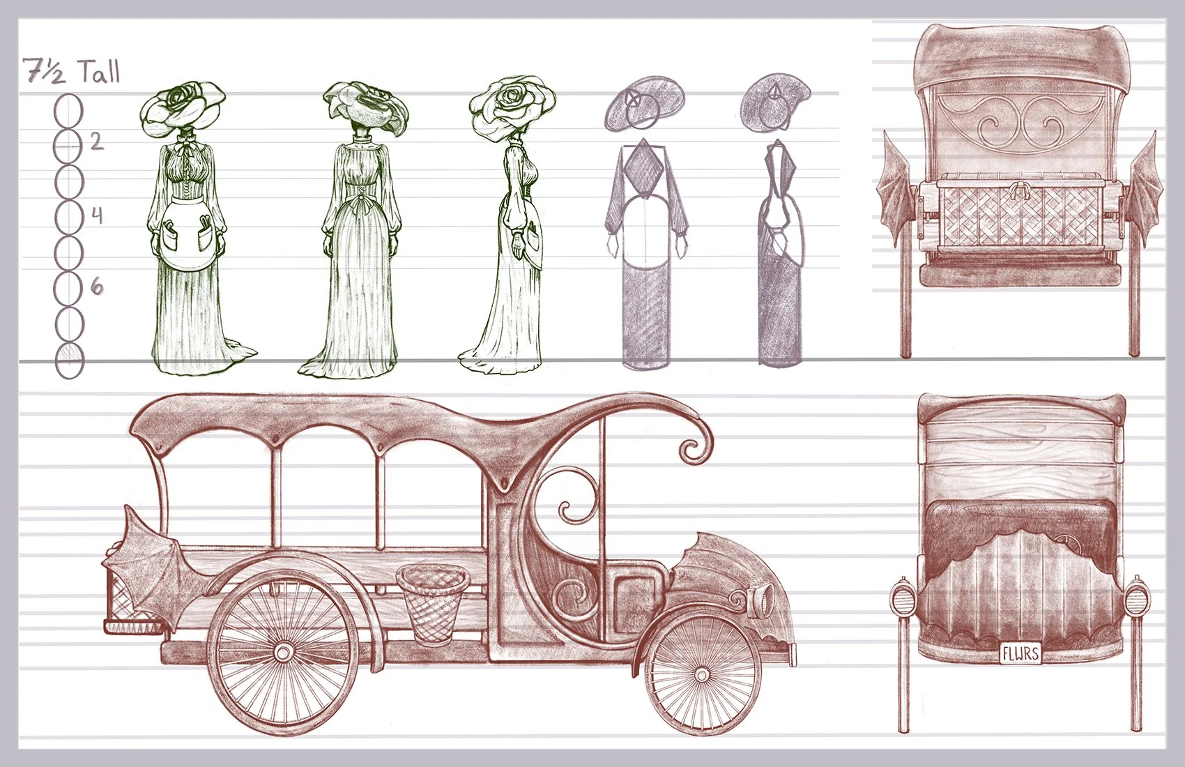 Underworld Flower Co. Turnaround
Concept Design for Flower Girl and her Vehicle