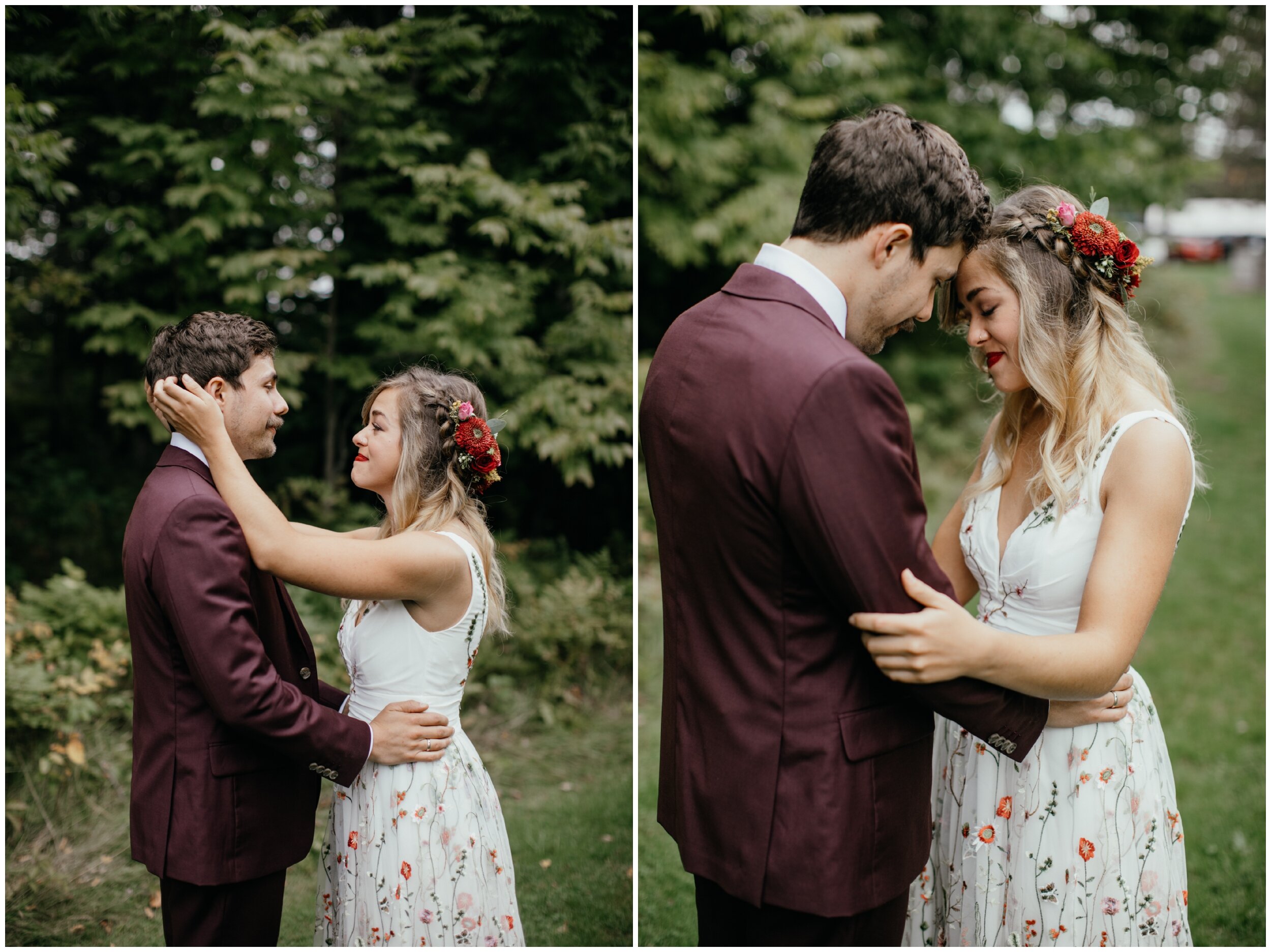Bride and groom embracing during first look at Minnesota summer camp wedding