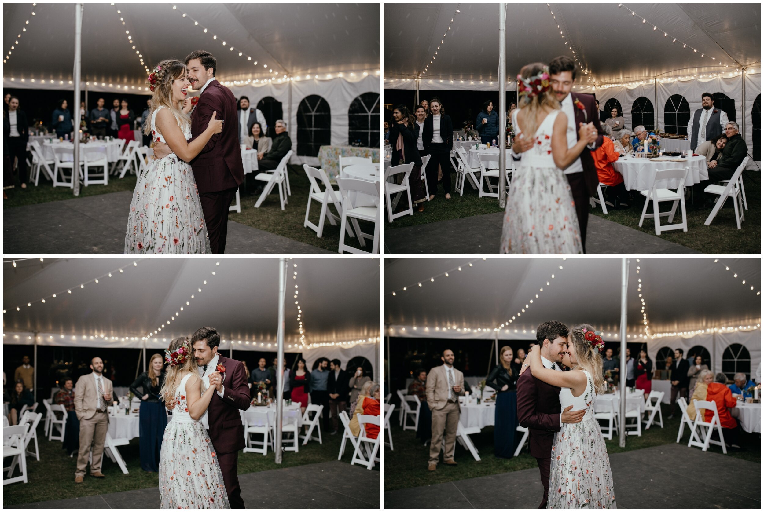 Bride and groom first dance during whimsical summer camp wedding