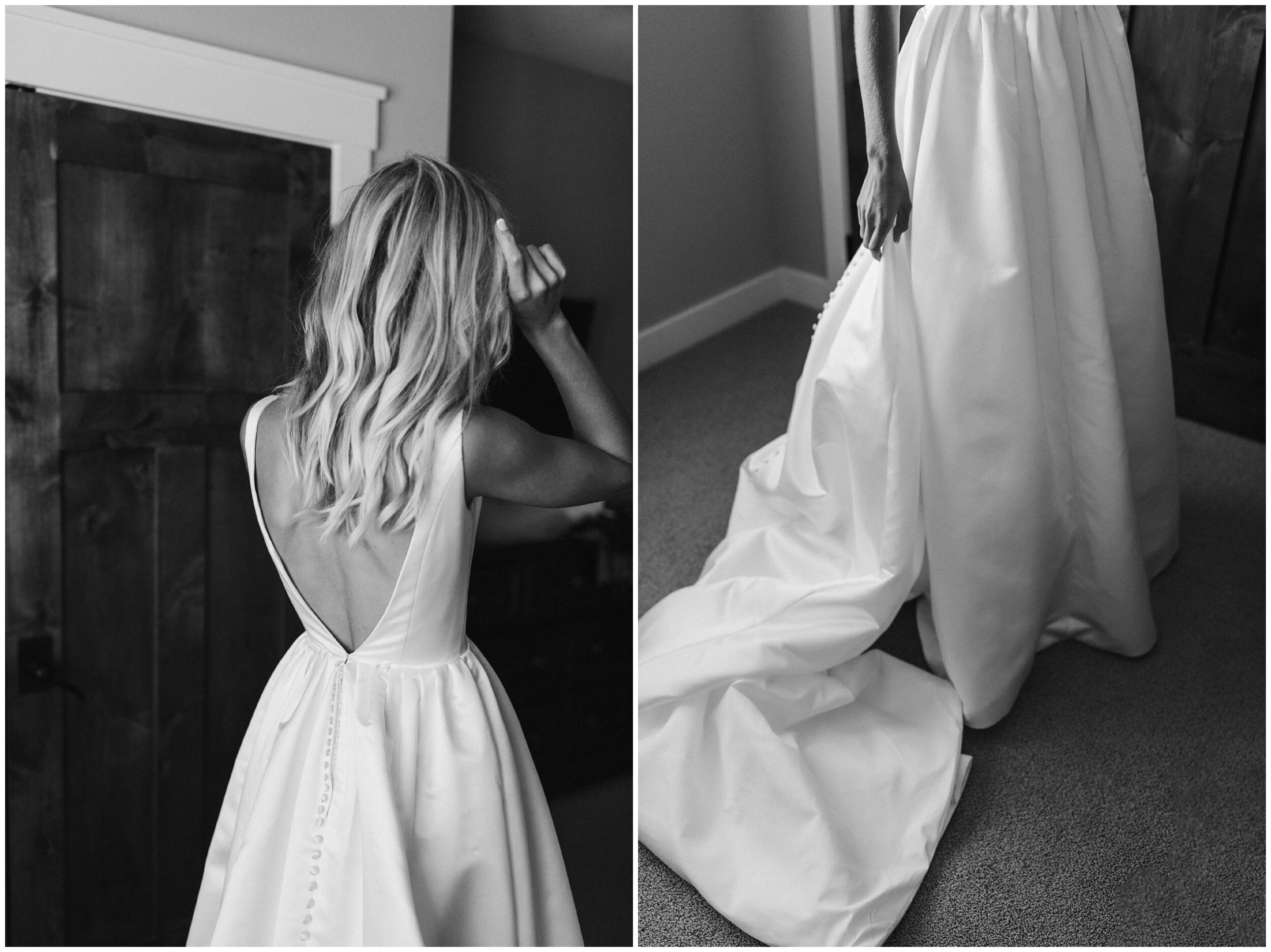 Bride getting into wedding dress for summer wedding at Grand View Lodge on Gull Lake
