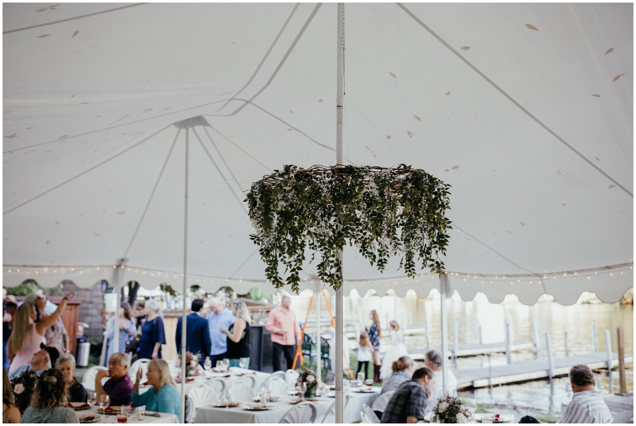 Minnesota tented backyard wedding reception at the Wharf in Crosslake