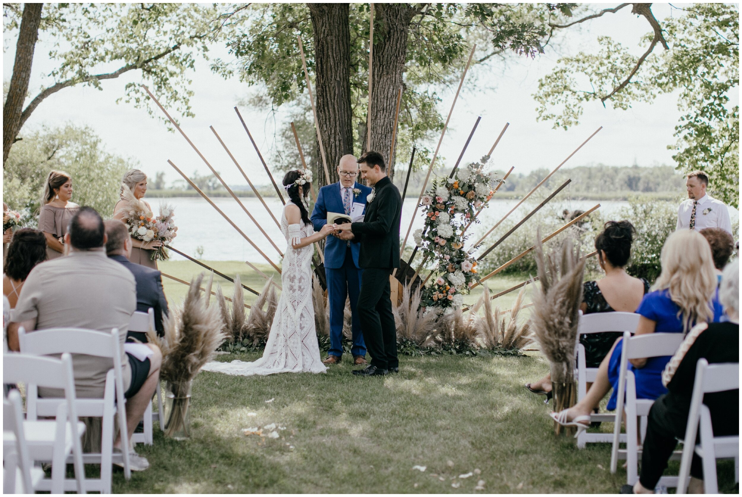 1970's inspired boho backyard wedding ceremony at private lakeside estate in northern Minnesota