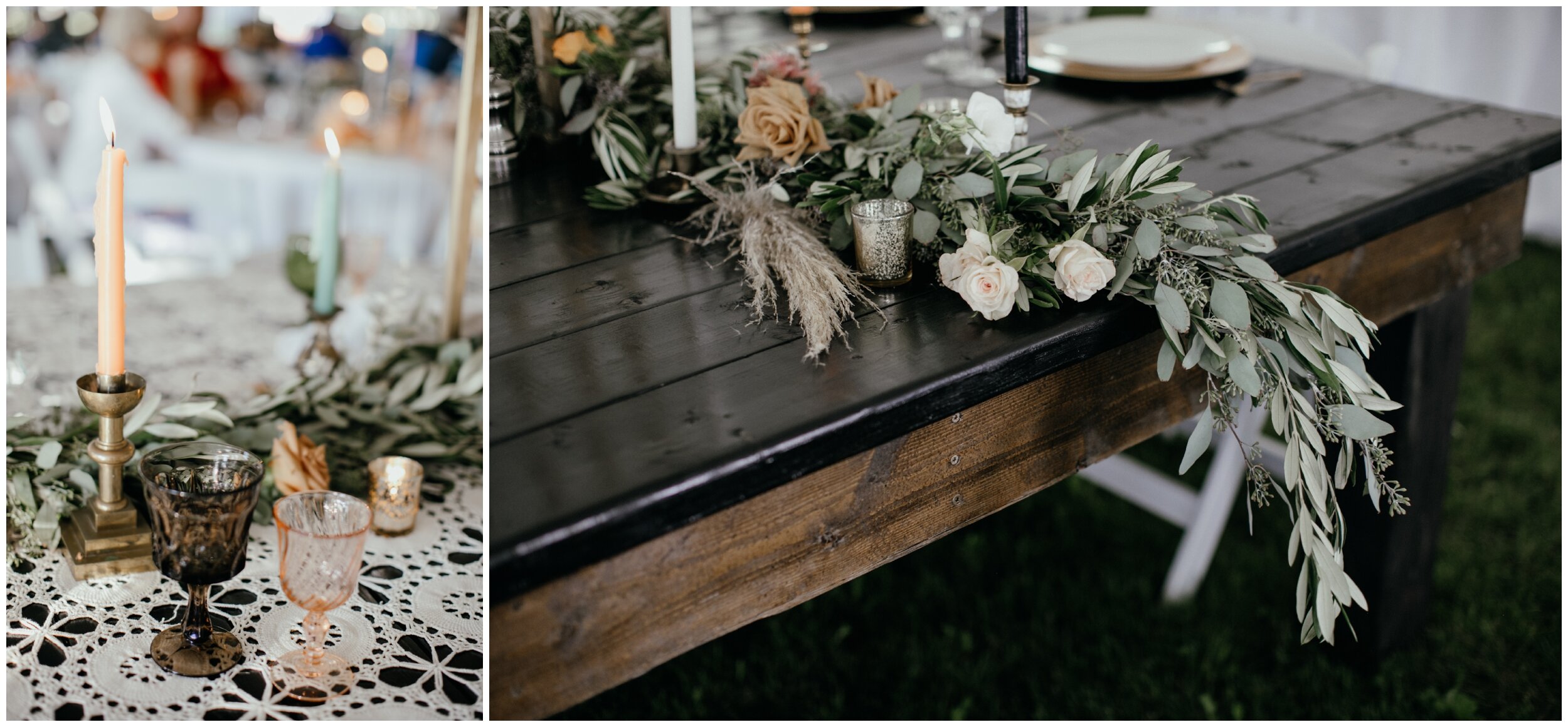 Boho table setting at Minnesota backyard wedding reception 