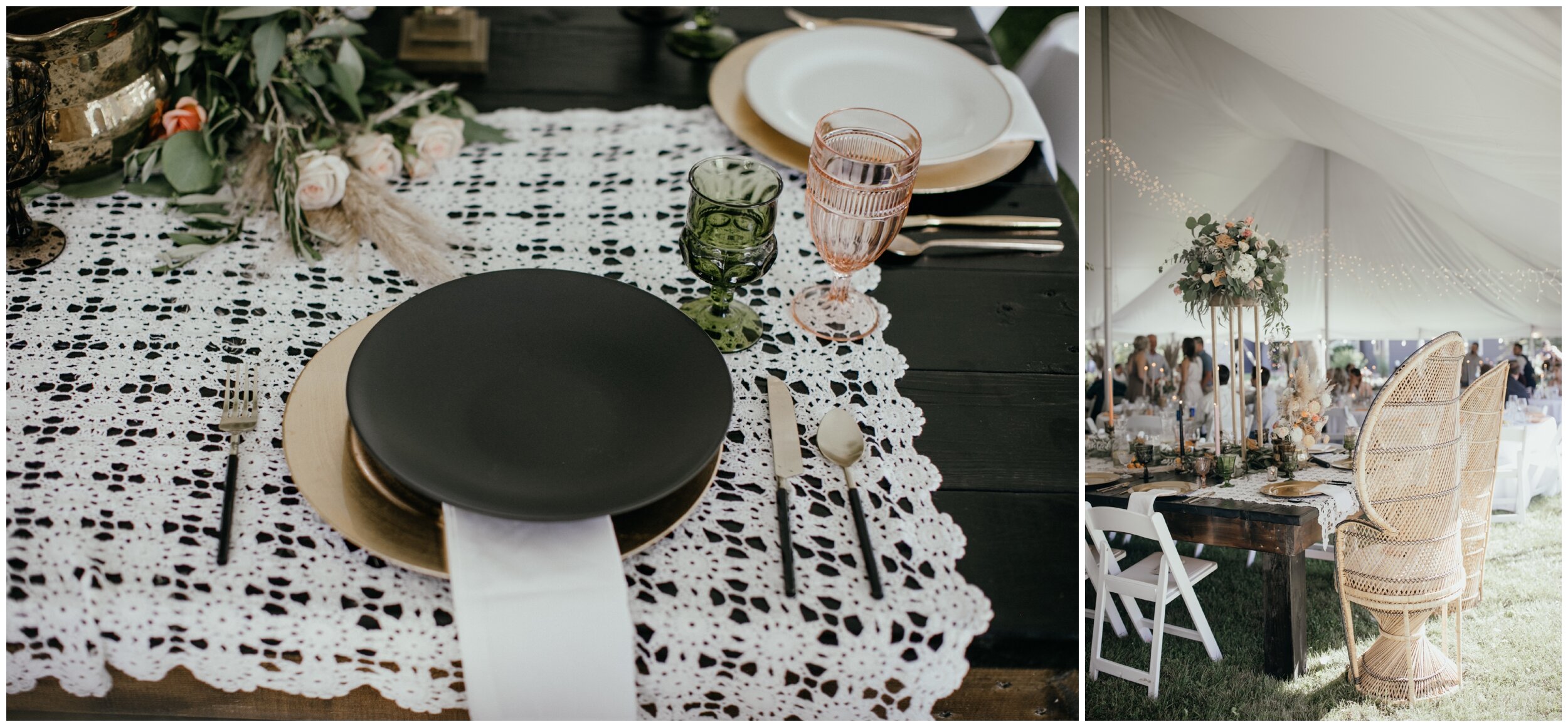 Modern boho wedding reception table decor at Minnesota backyard tented wedding