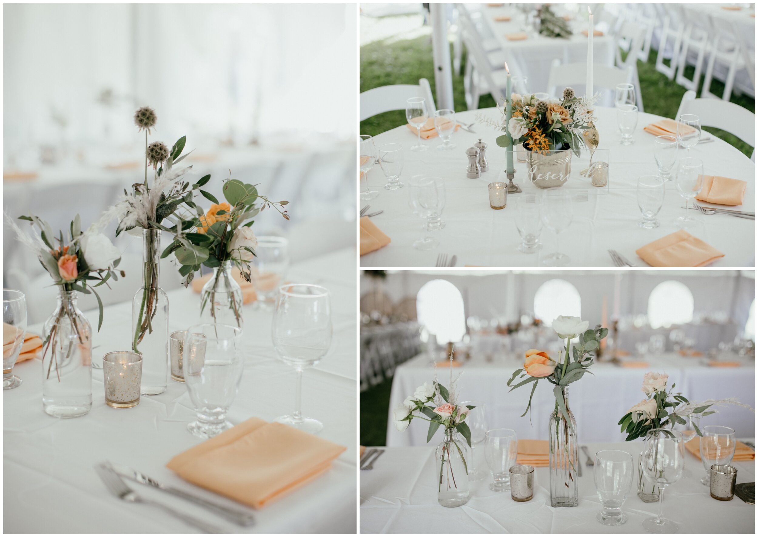 Pastel colored, boho inspired, wedding tablescape at Minnesota backyard wedding reception