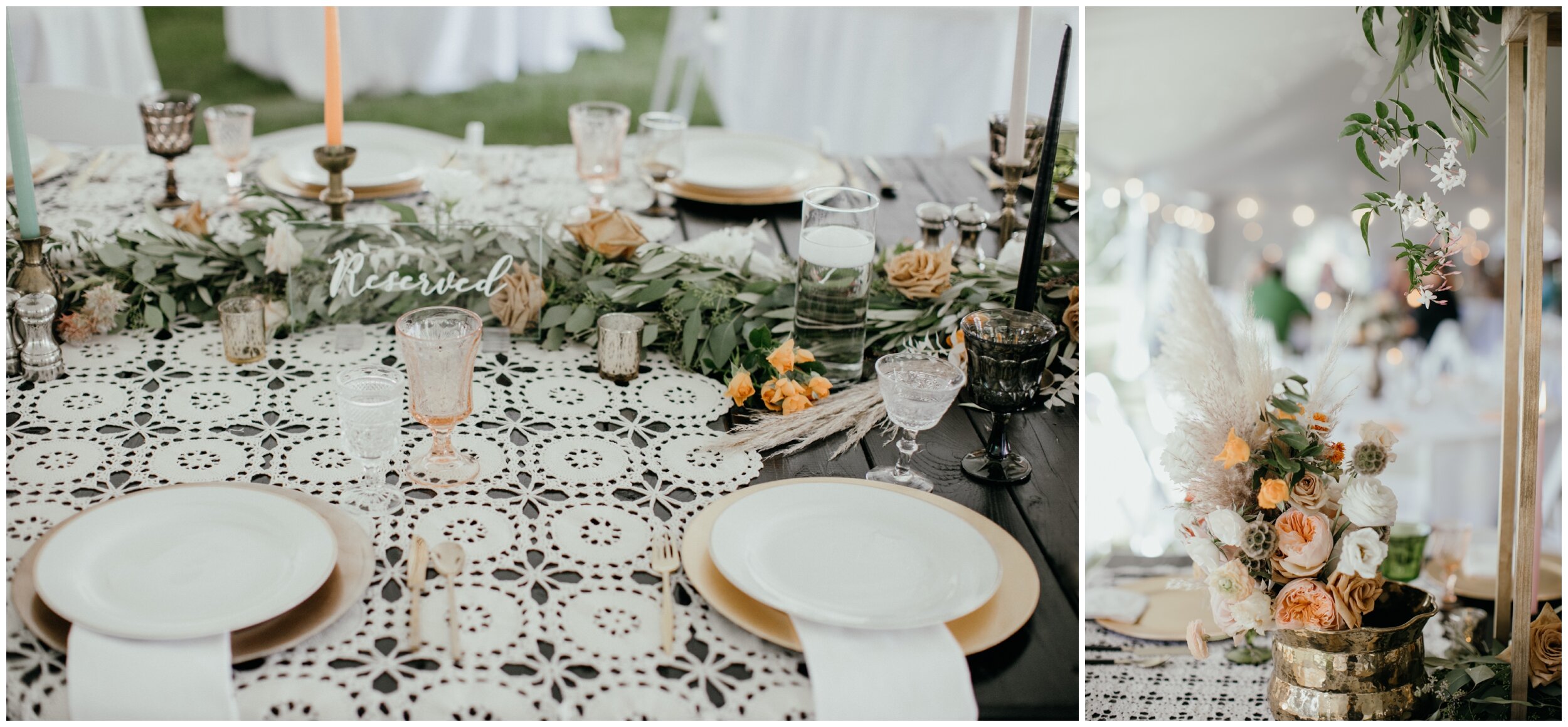 Boho, 70's inspired wedding table center pieces at Minnesota backyard wedding 