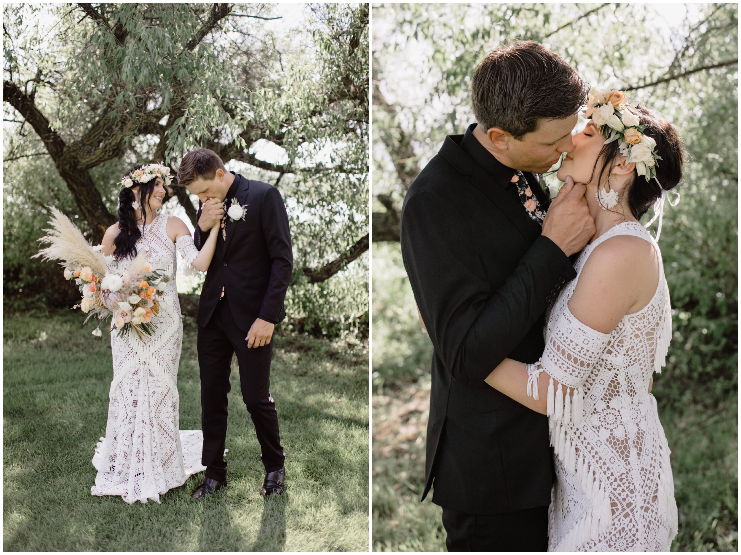 Bride and groom kissing in front on willow tree at boho themed backyard wedding in northern Minnesota