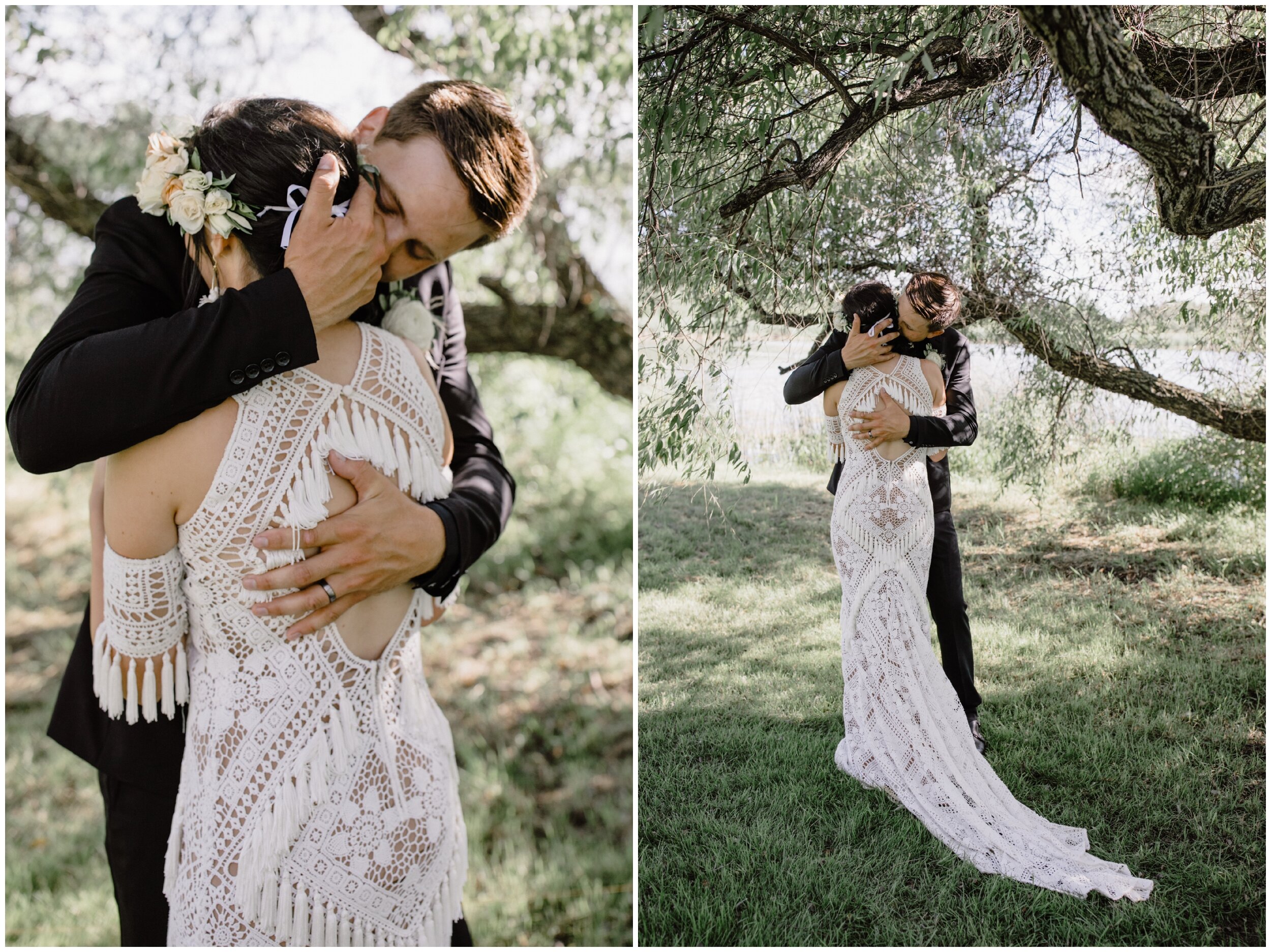 Bride and groom hugging under a willow tree during boho inspired Minnesota backyard wedding 