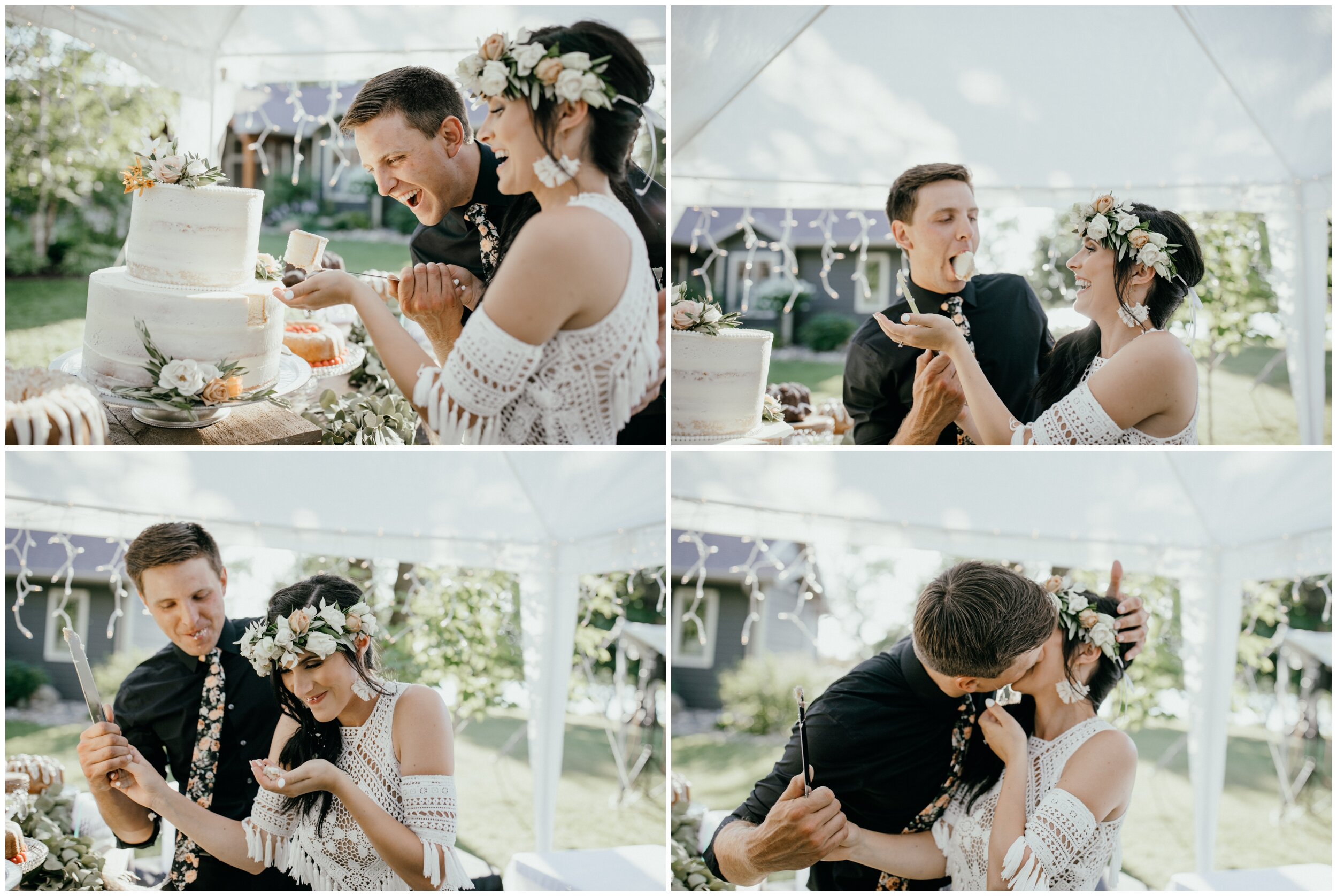 Dreamy boho inspired Minnesota summer wedding with bride and groom cutting cake