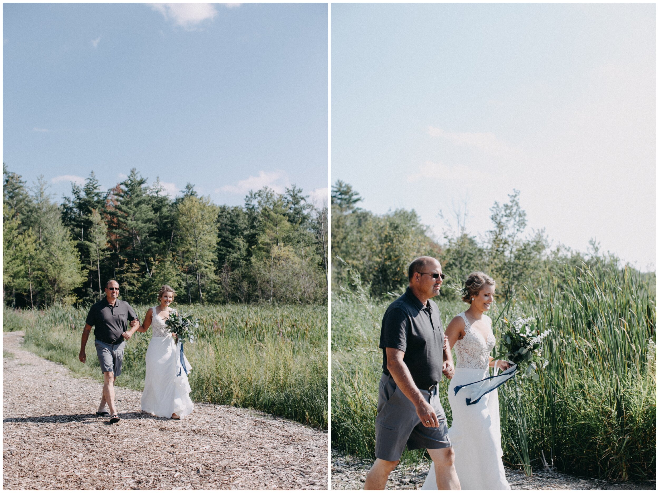 Bride and dad walking to beach for casual lakeside wedding in Brainerd, Minnesota