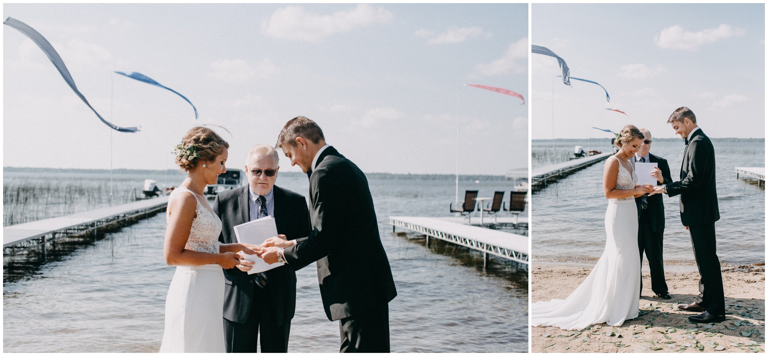 Bride and groom exchanging rings on beach during lakeside wedding in Brainerd, Minnesota