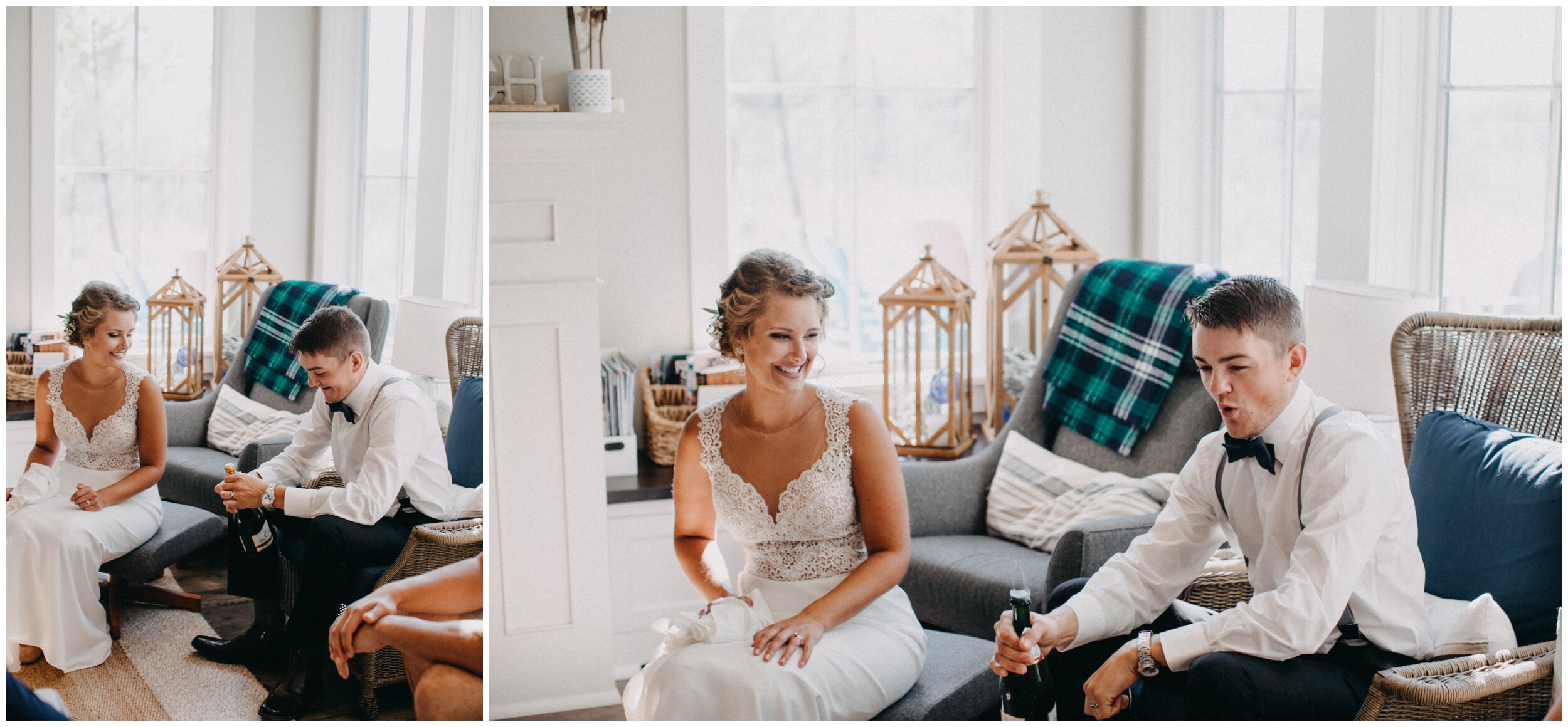 Bride and groom having a champagne toast during Minnesota cottage wedding
