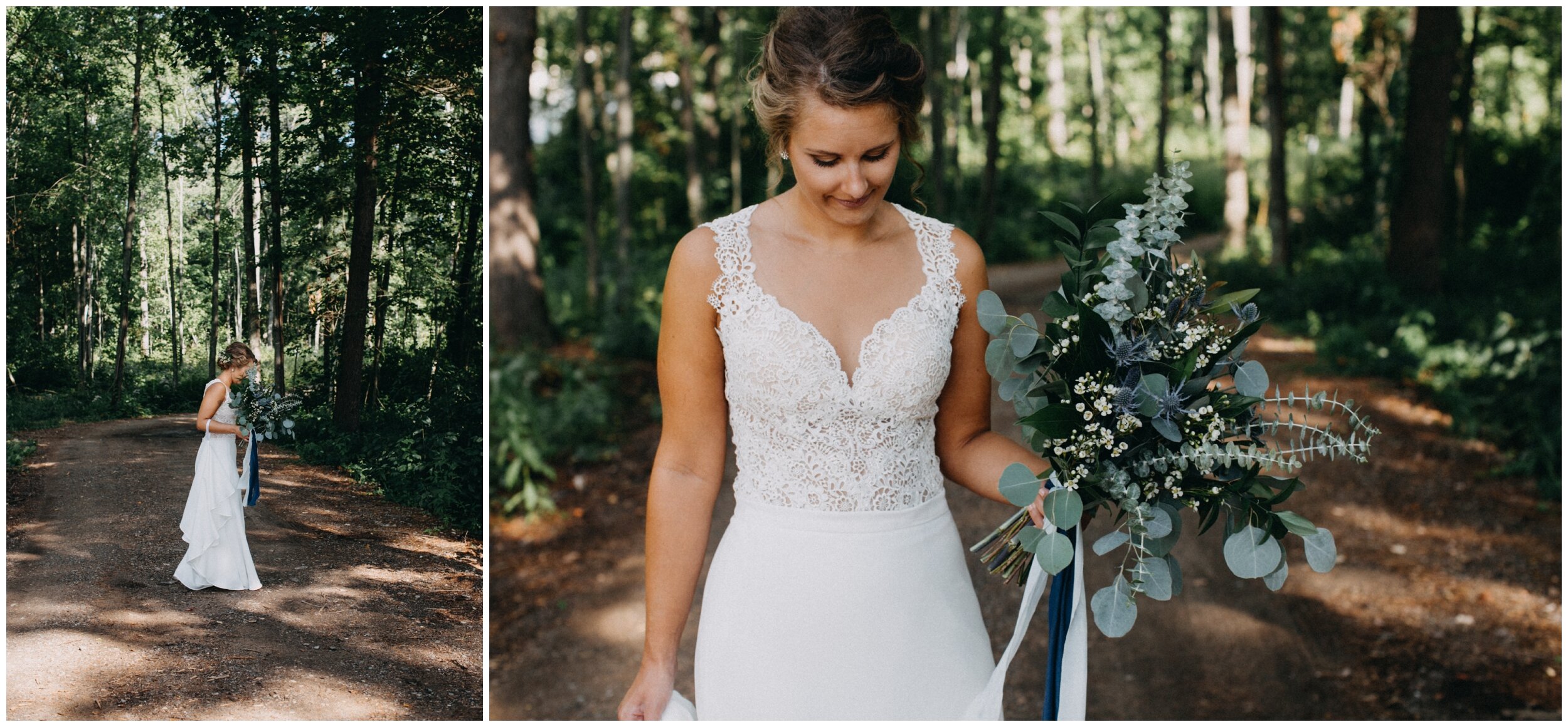 Bride standing in the woods before intimate lakeside wedding ceremony in Brainerd, Minnesota