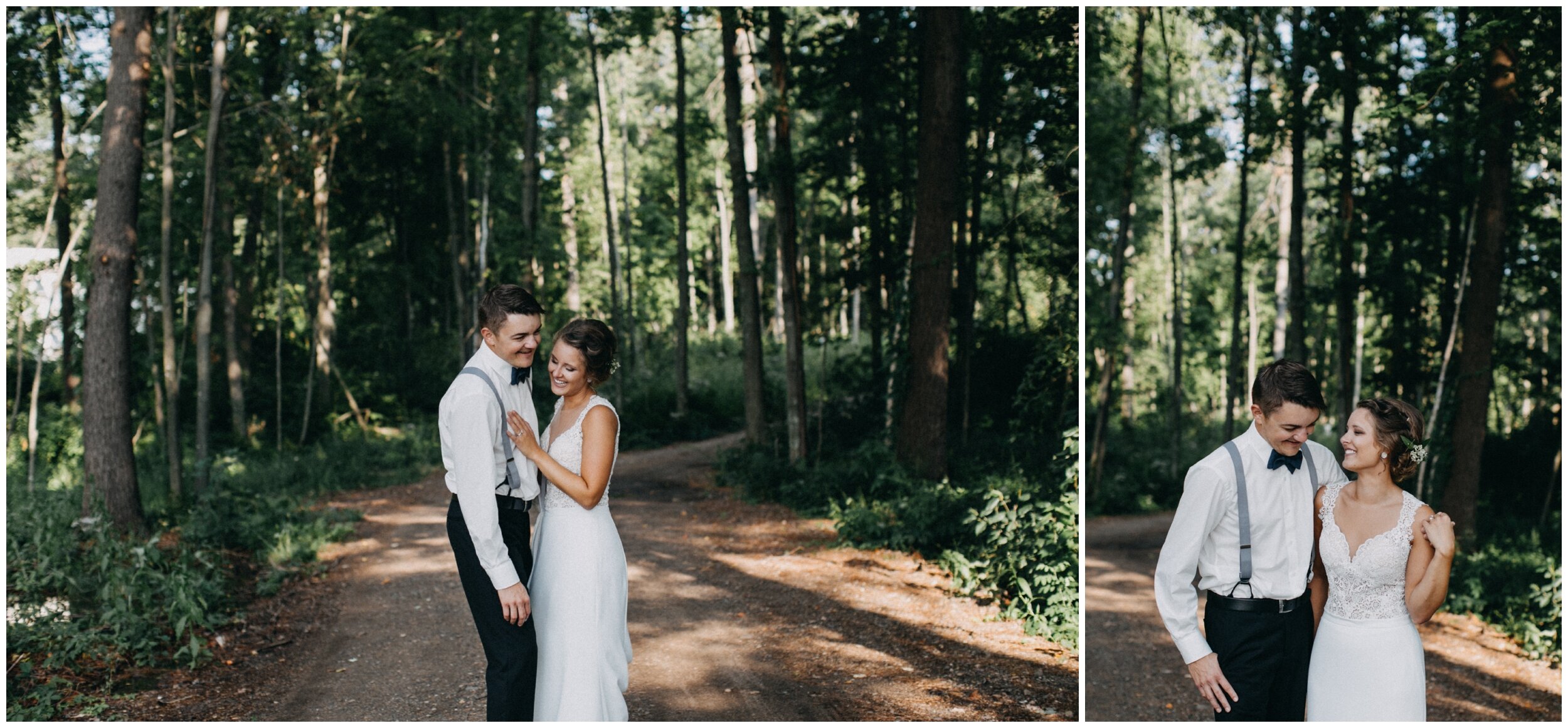 Bride and groom standing in woods at northern Minnesota cottage wedding