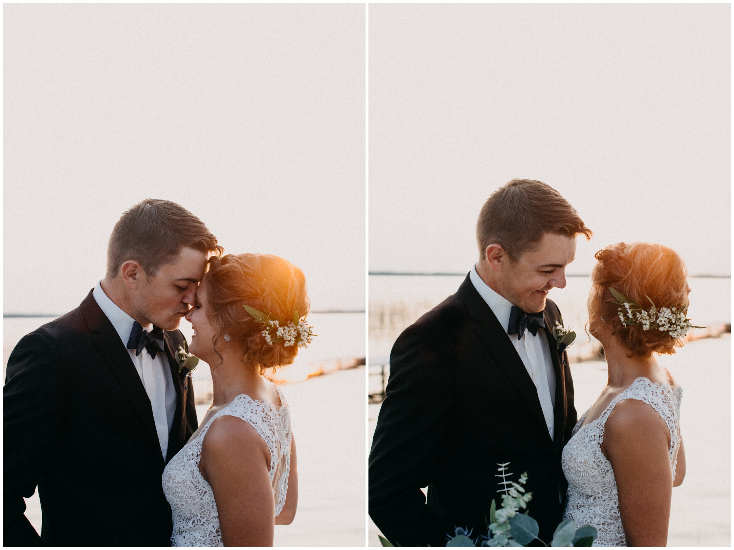 Bride and groom standing on dock during sunset overlooking lake Edward in Brainerd Minnesota