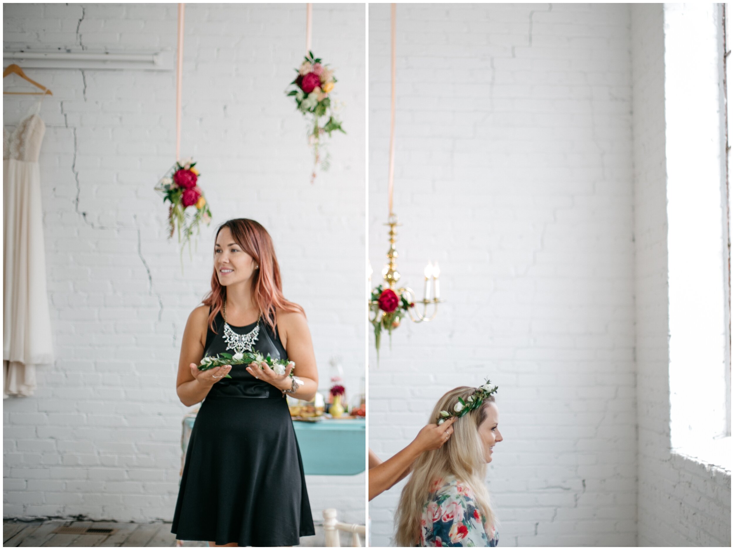 Bride wearing whimsical, boho flower crown for wedding at the Northern Pacific Center