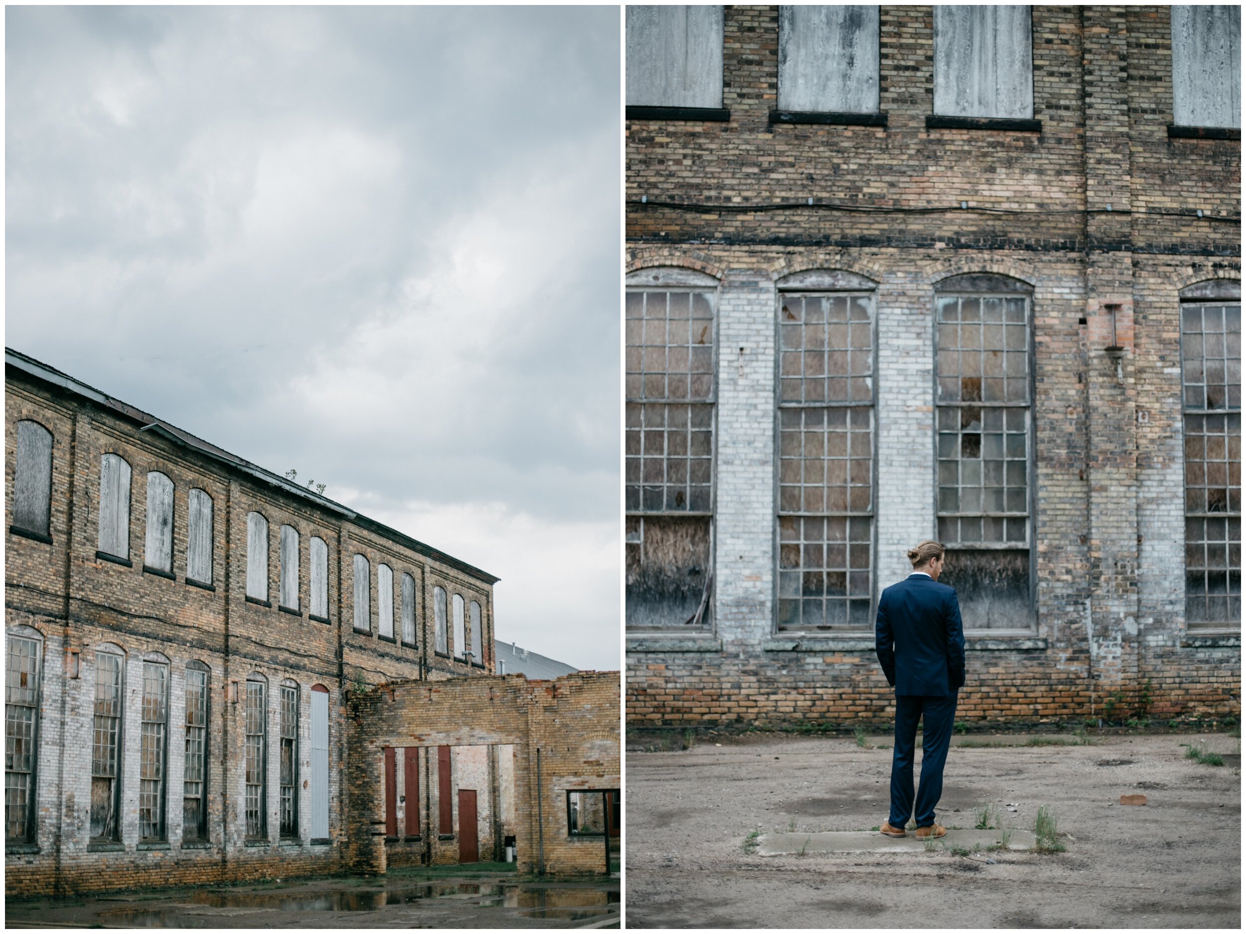 Groom standing outside industrial warehouse for first look with bride