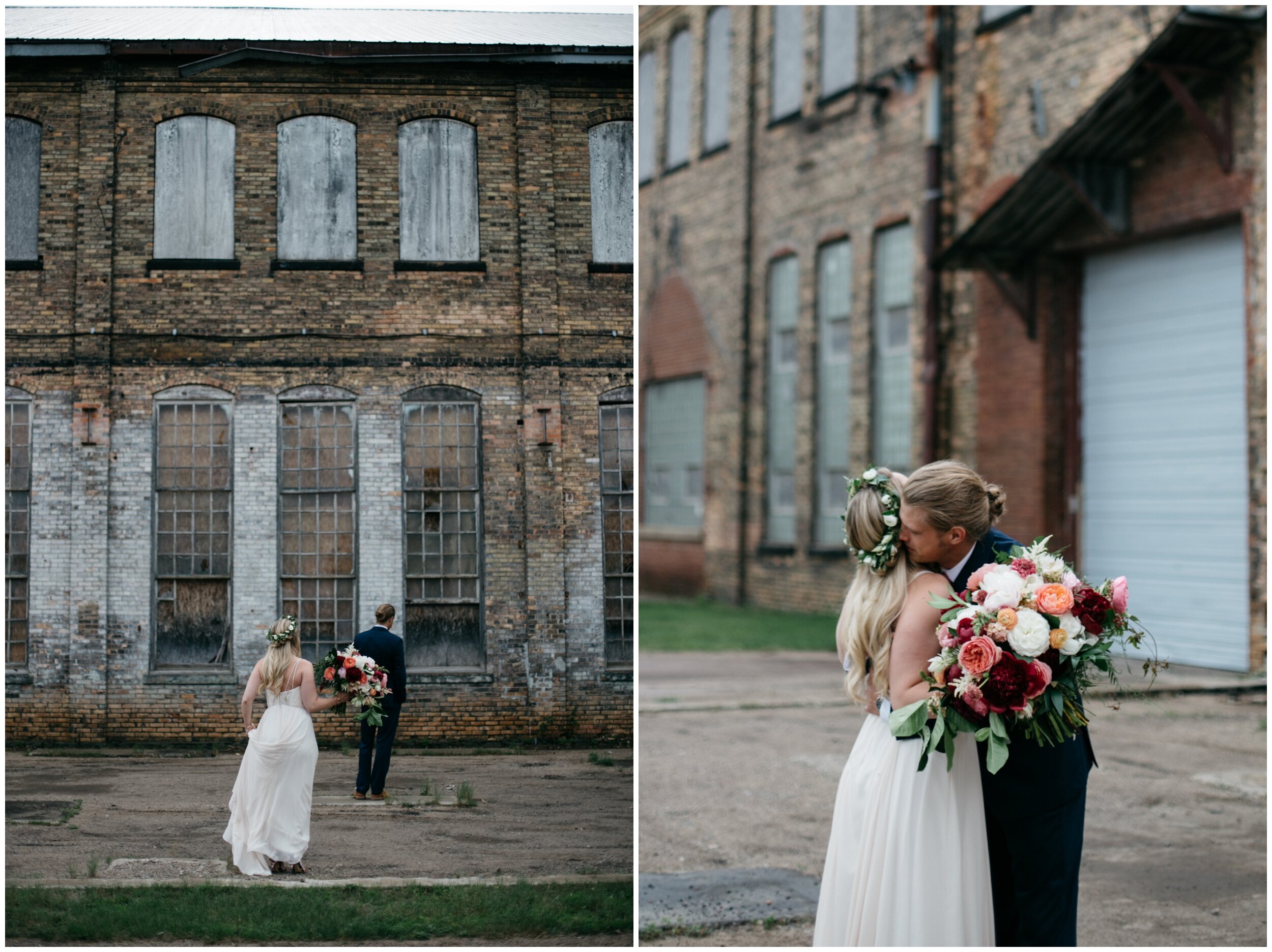 Bride and groom first look outside industrial chic wedding venue at the Northern Pacific Center