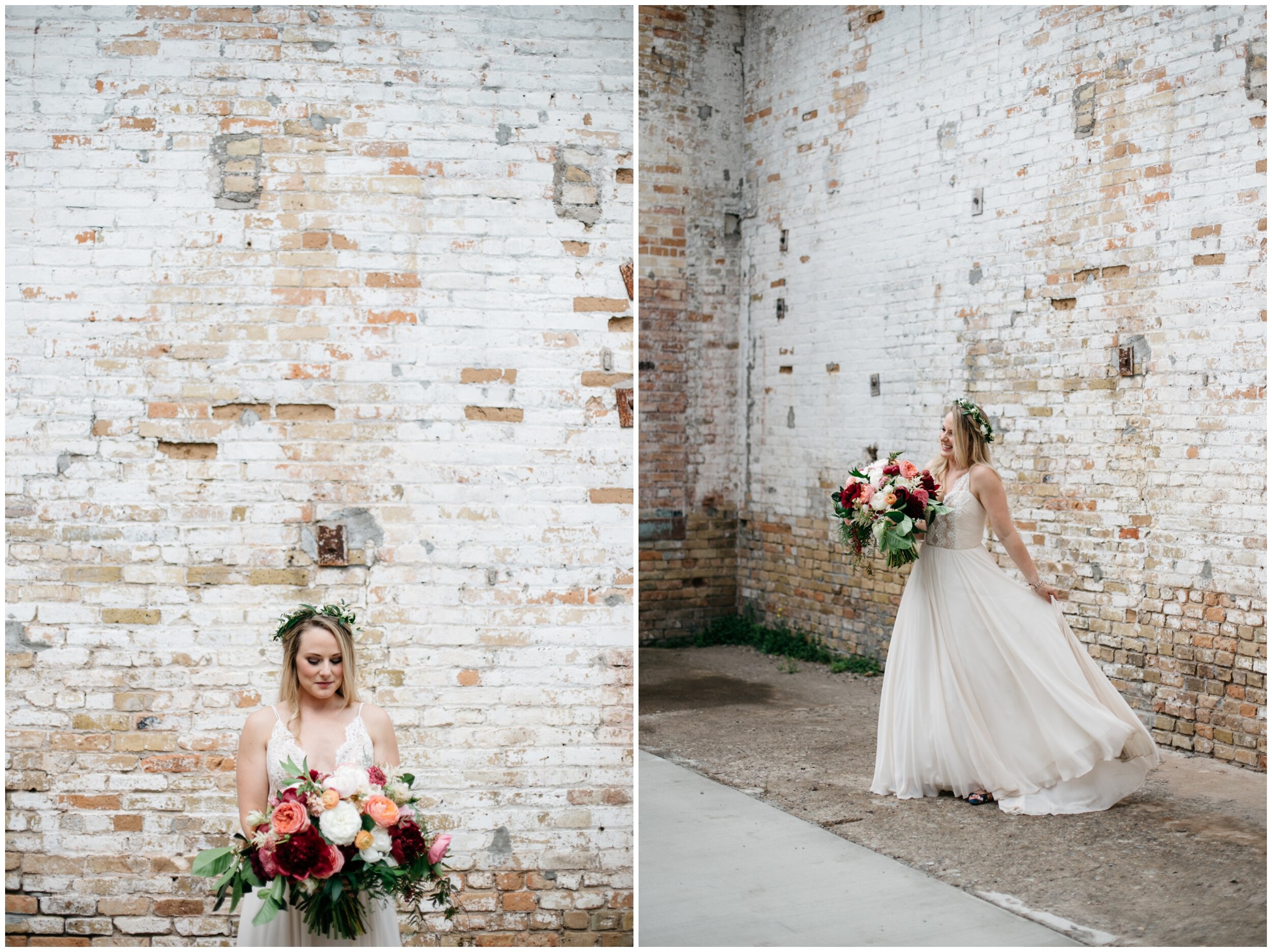 Bride wearing whimsical flower crown and holding colorful garden rose bouquet standing in front of industrial, white brick wall at the Northern Pacific Center in Brainerd, Minnesota