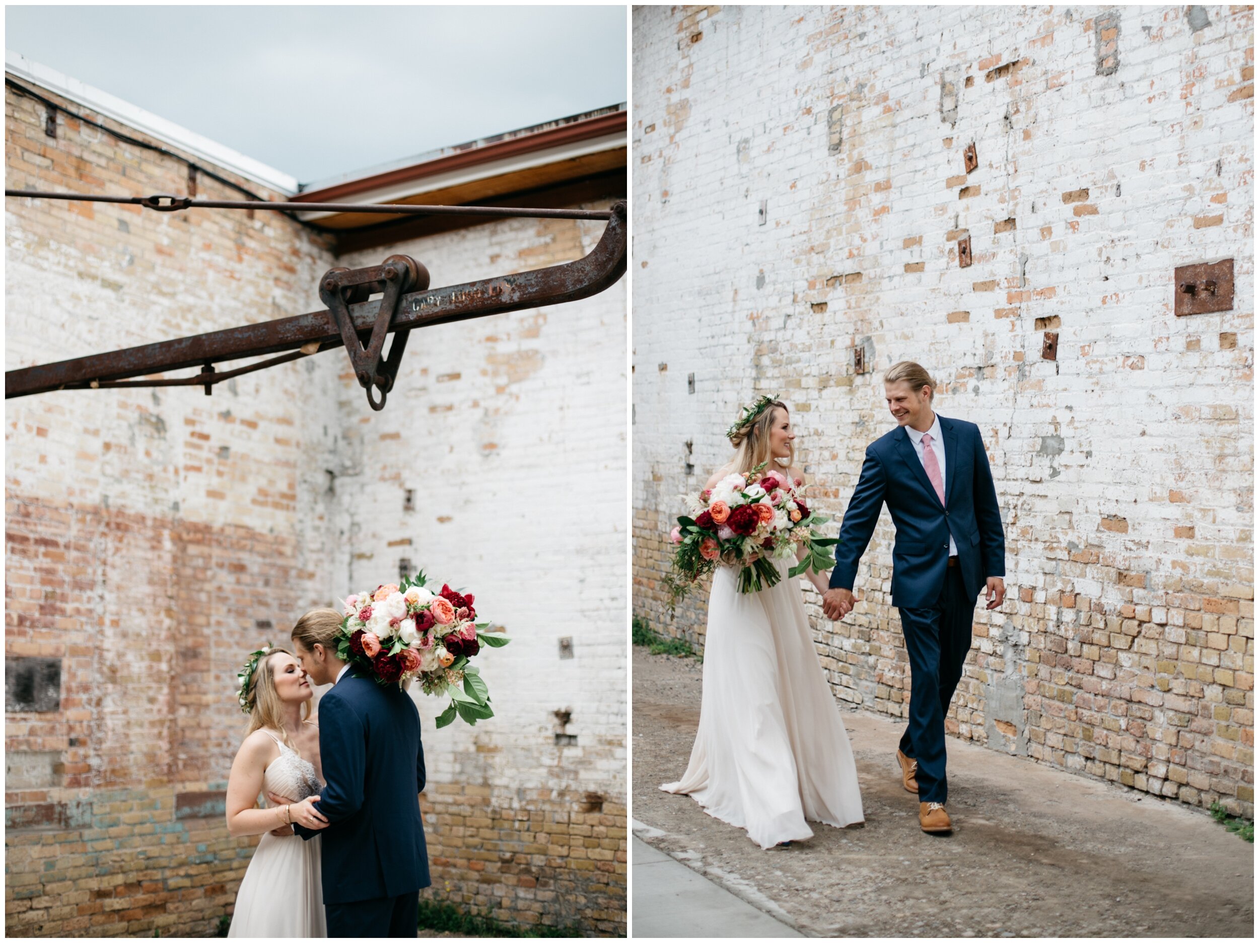 Bride and groom standing outside white brick, industrial wedding venue at the Northern Pacific Center in Brainerd, Minnesota