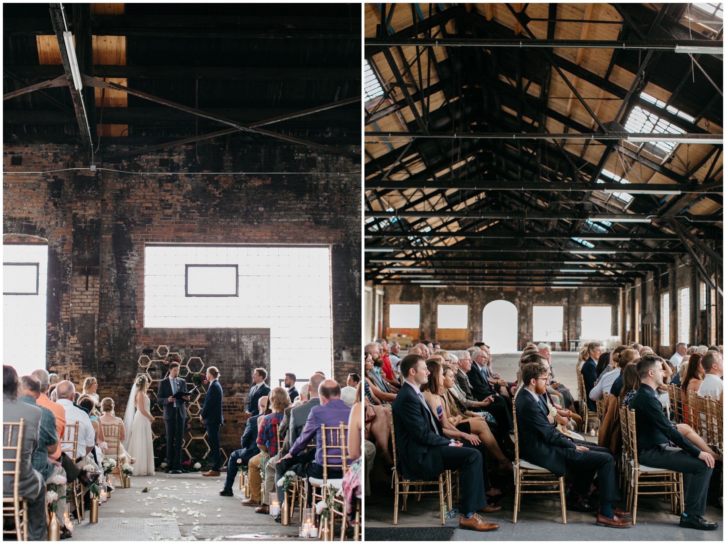 Romantic industrial wedding ceremony inside warehouse at the Northern Pacific Center in Brainerd, Minnesota