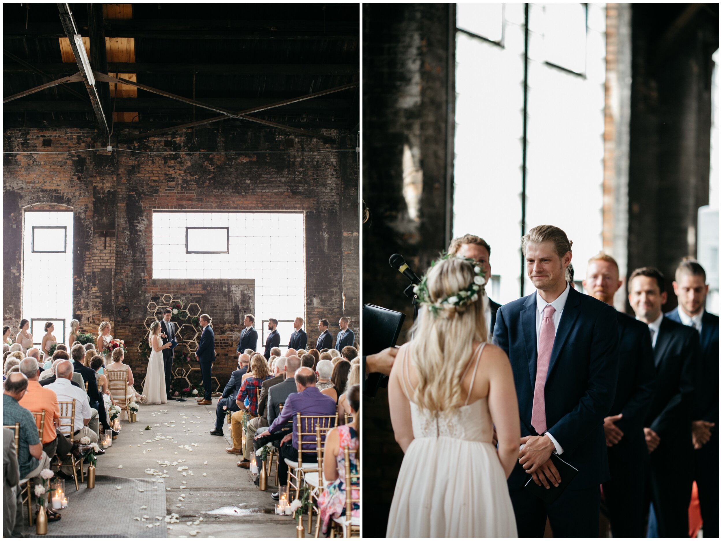 Bride and groom saying vows during wedding ceremony in Blacksmith Main venue at the Northern Pacific Center in Brainerd, Minnesota