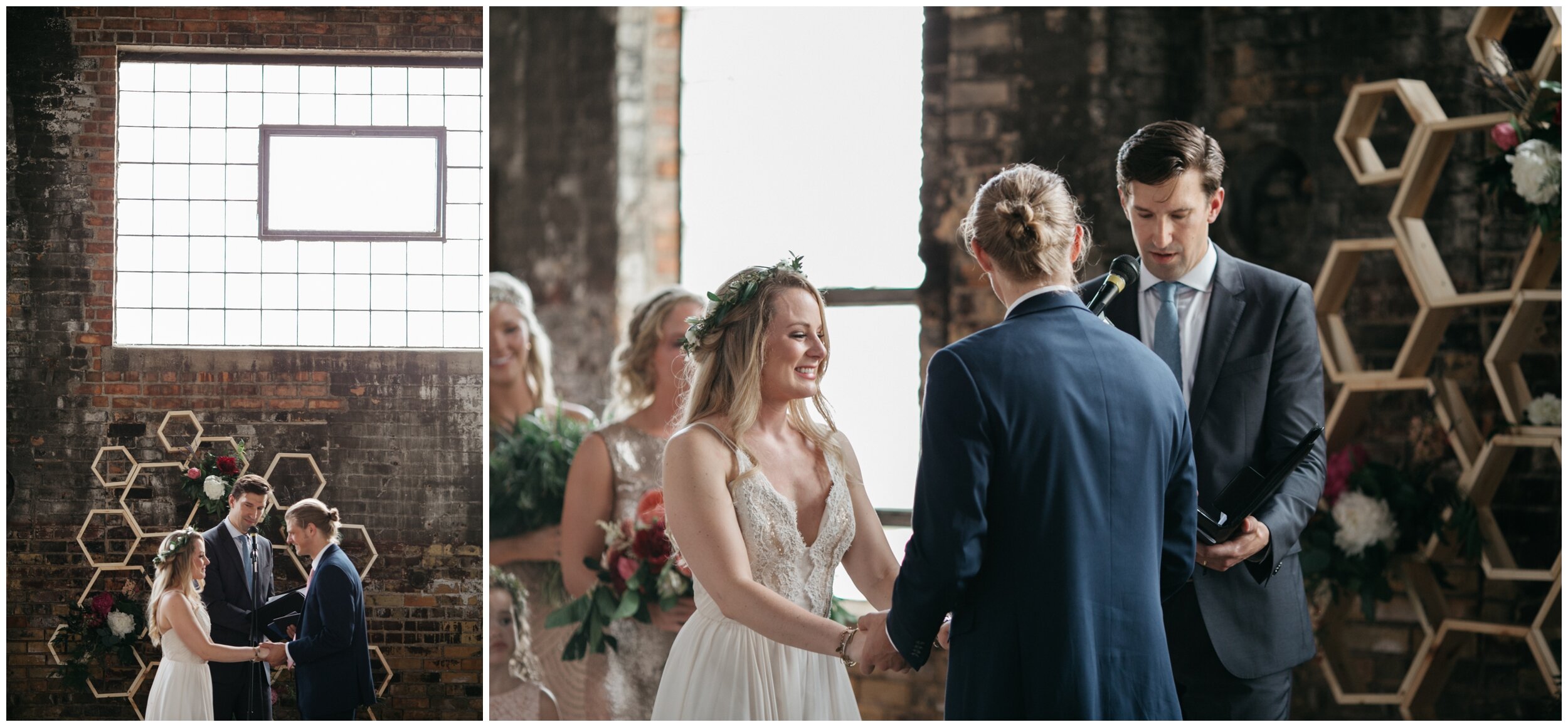 Bride and groom exchanging vows during wedding ceremony in Blackhouse Main at the Northern Pacific Center in Brainerd, Minnesota