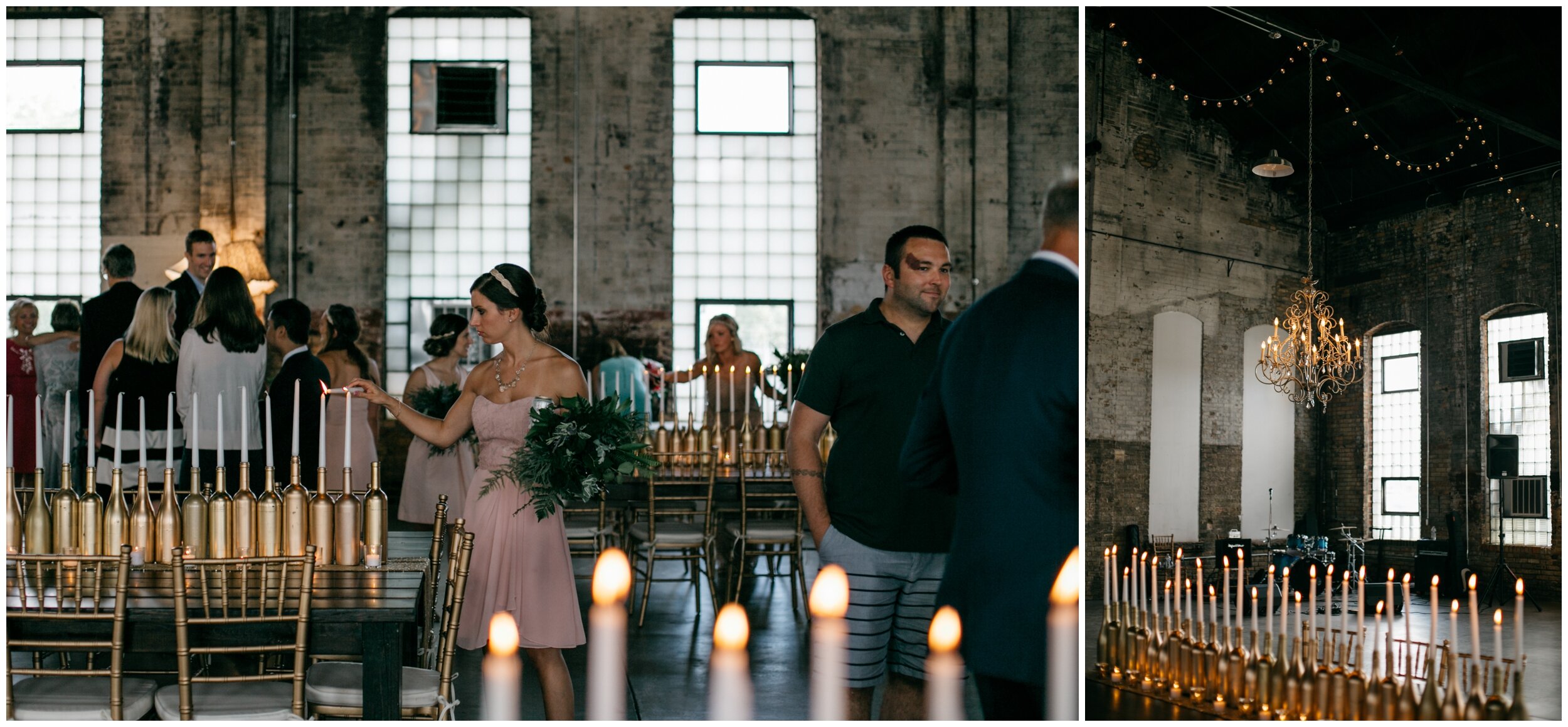 Candlelit wedding reception in industrial warehouse wedding venue at the Northern Pacific Center