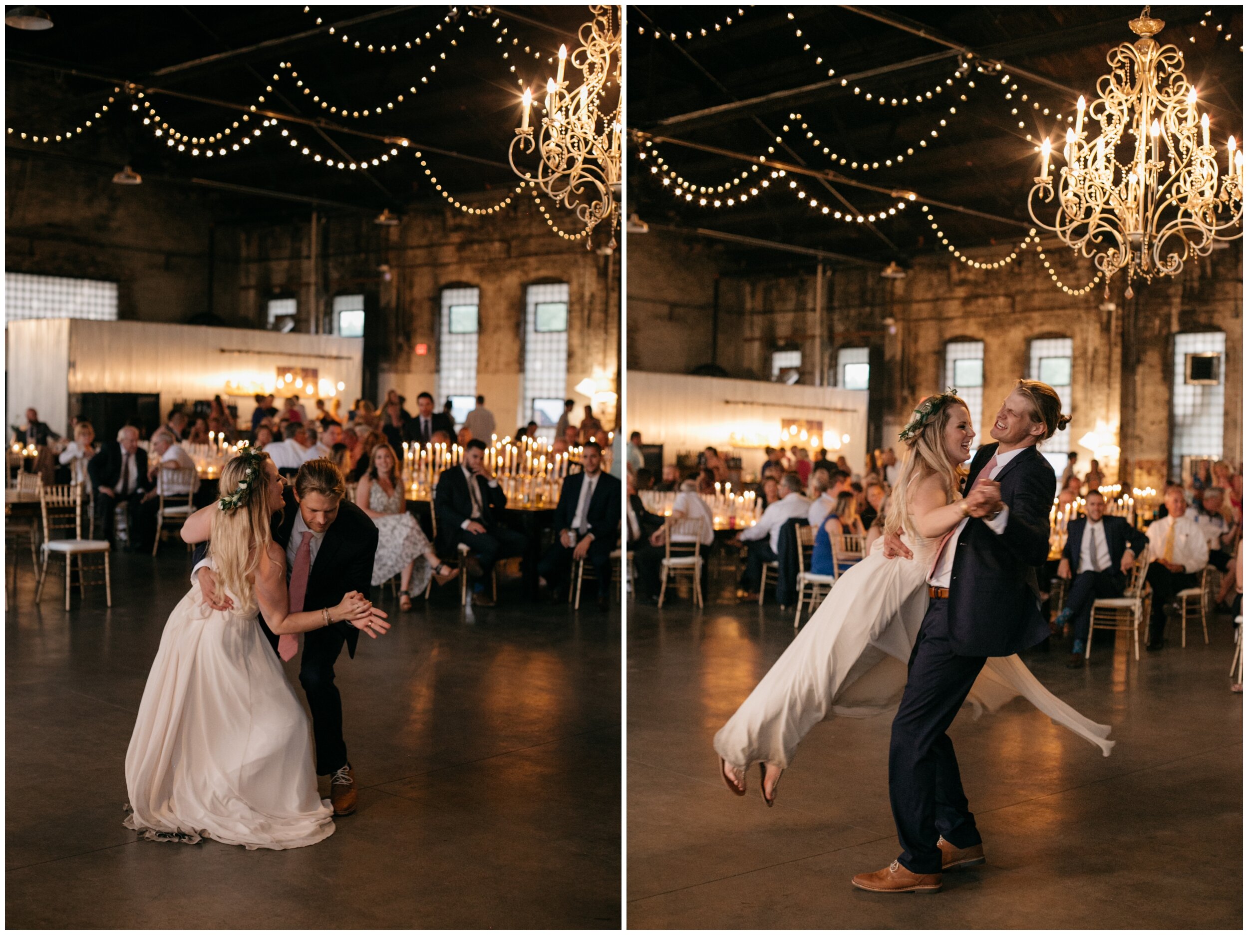 Bride and groom dancing under chandelier at industrial warehouse wedding