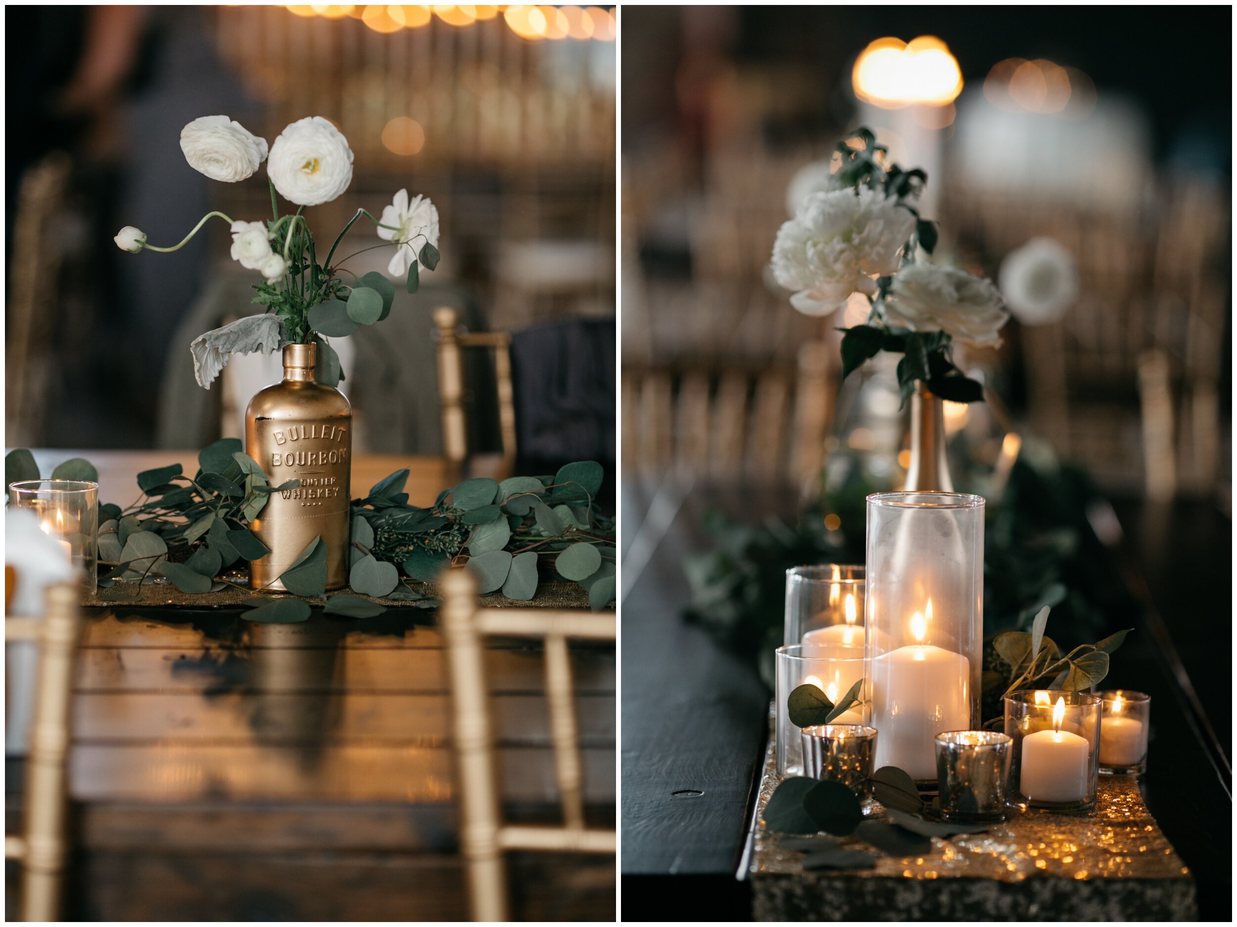 Industrial chic wedding reception table decor at the Northern Pacific Center