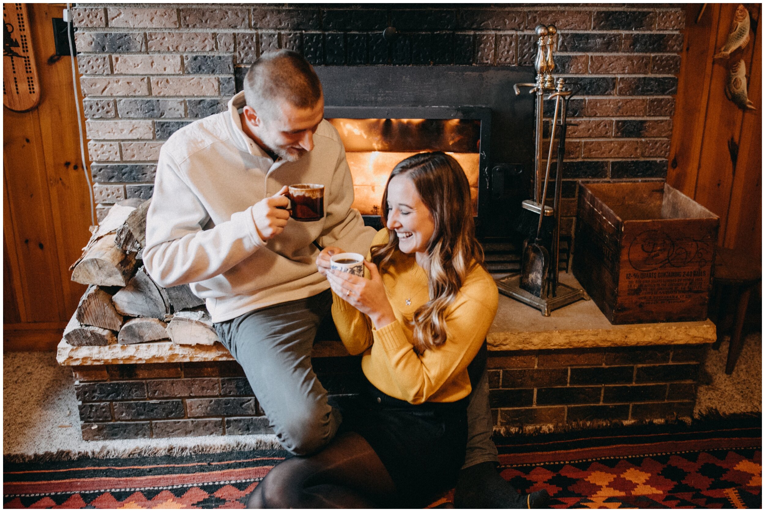 Northern Minnesota cozy fireside cabin engagement session