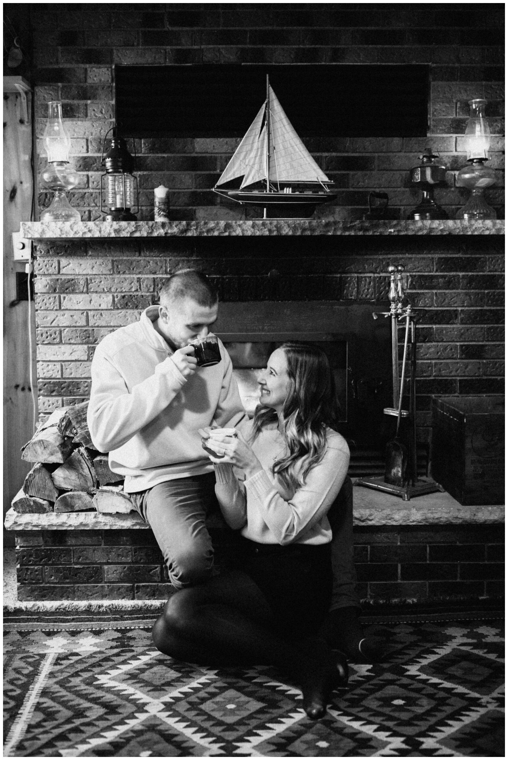 Cozy fireside cabin engagement session