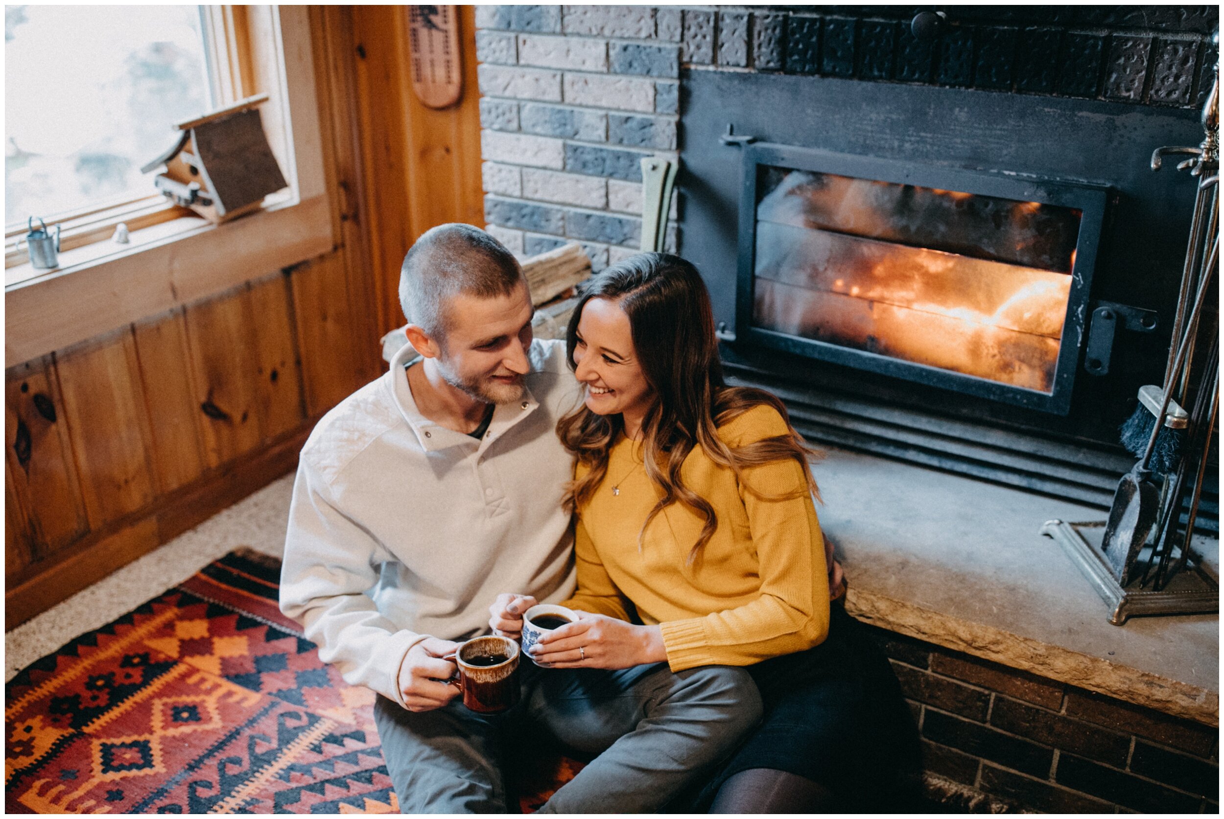 Coffee by the fireplace engagement session