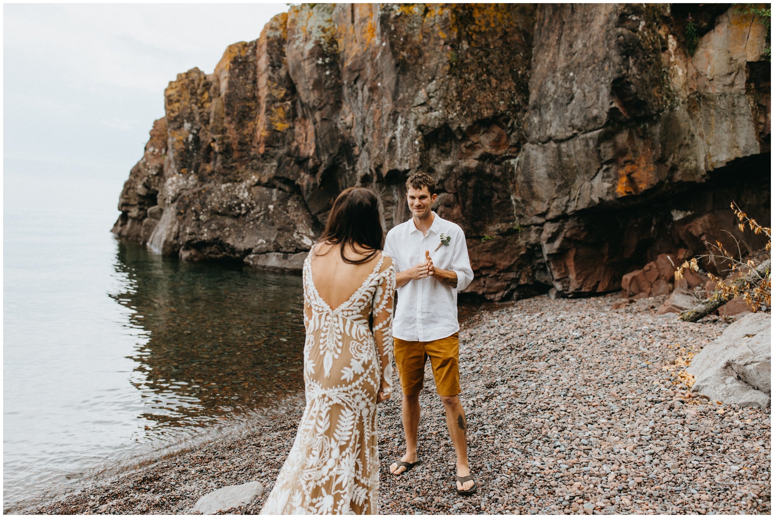 Groom crying during first look at Lutsen Minnesota Elopement