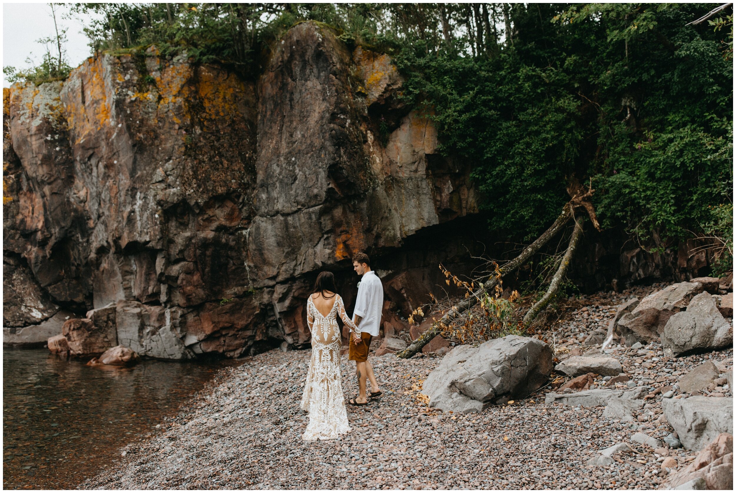 Bride and groom first look on the north shore of lake superior at Lutsen Resort