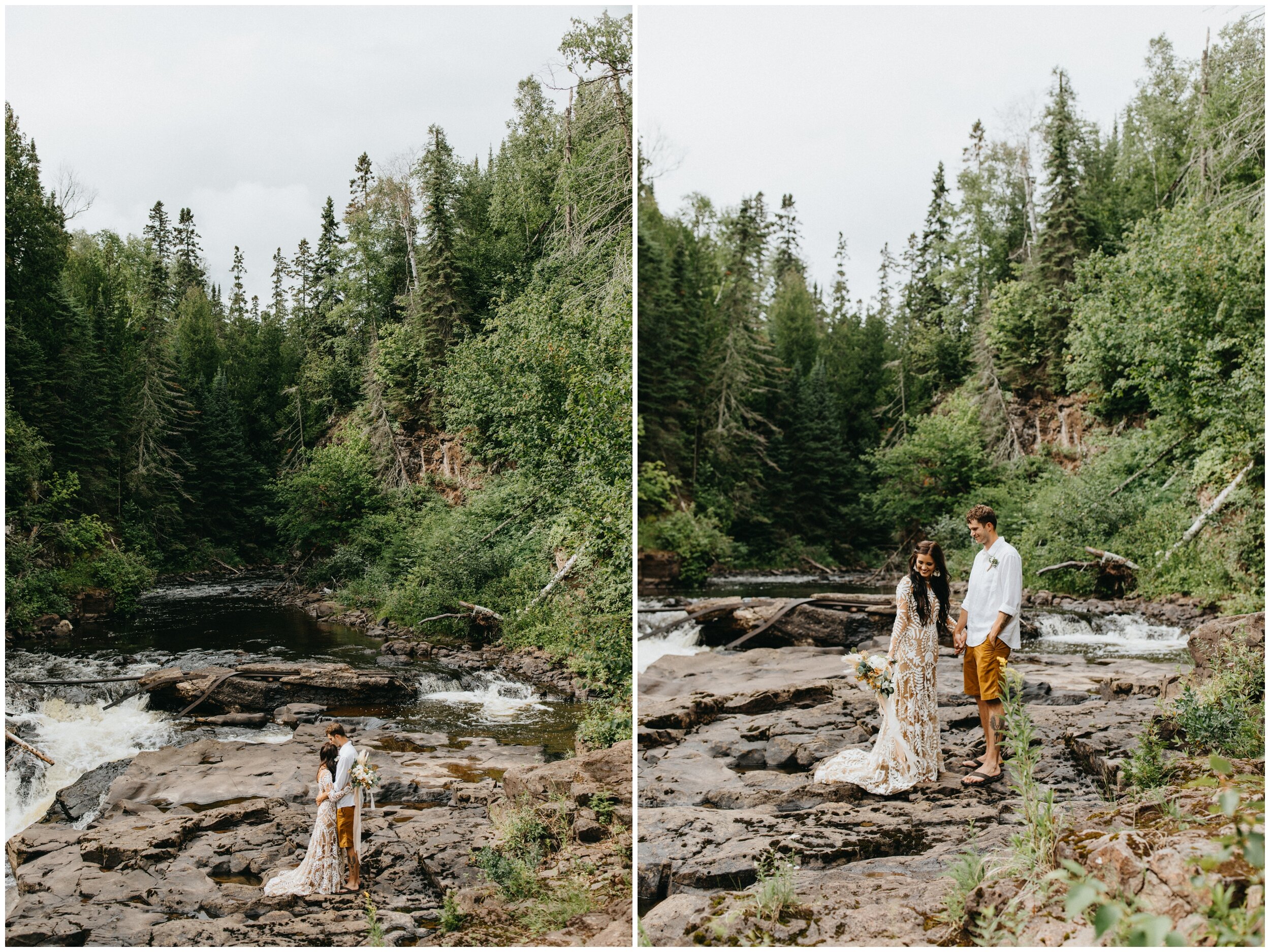 Bride and groom standing on rocks by waterfall at Lutsen Resort