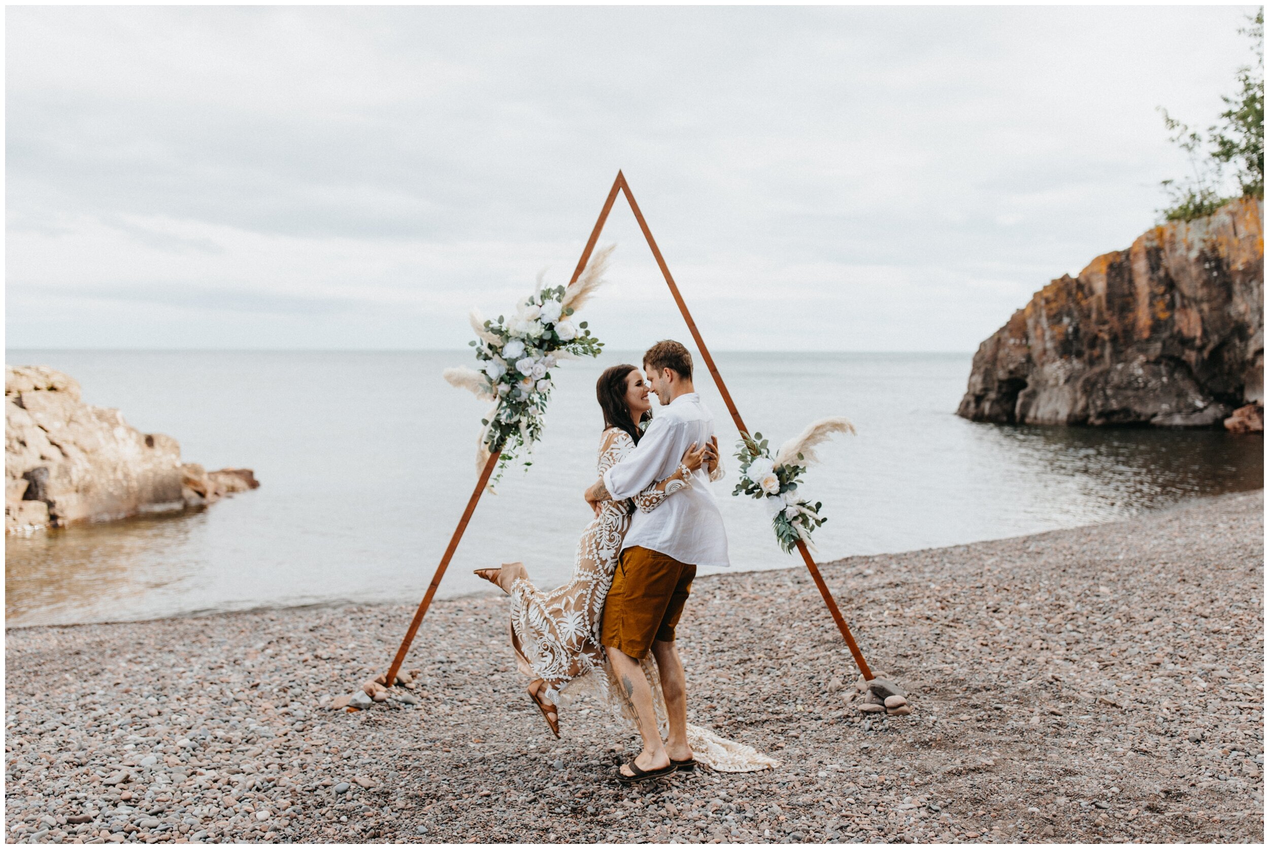 Boho inspired beach elopement wedding on the north shore of Lake Superior in Lutsen Minnesota