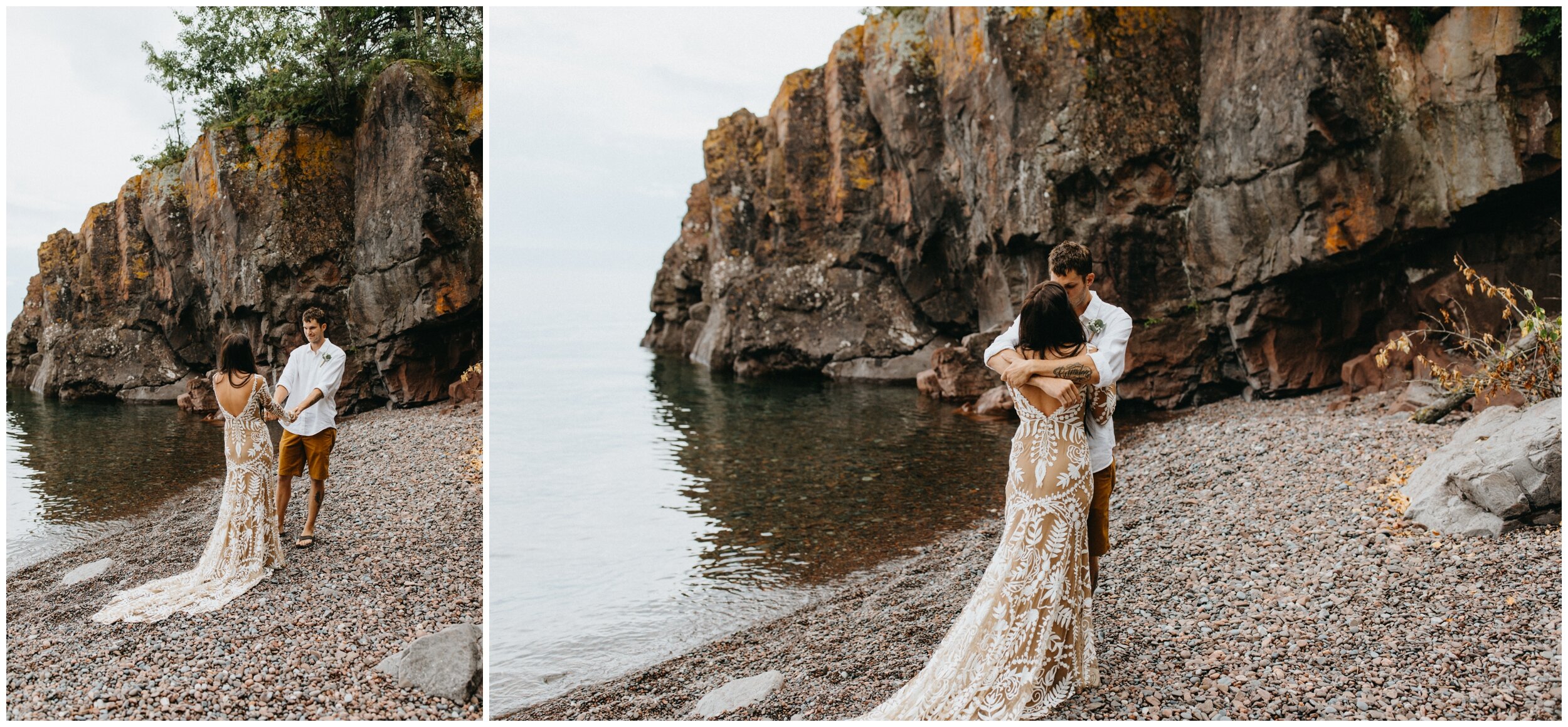 Bride and groom first look on Lake Superior beach at Lutsen Resort